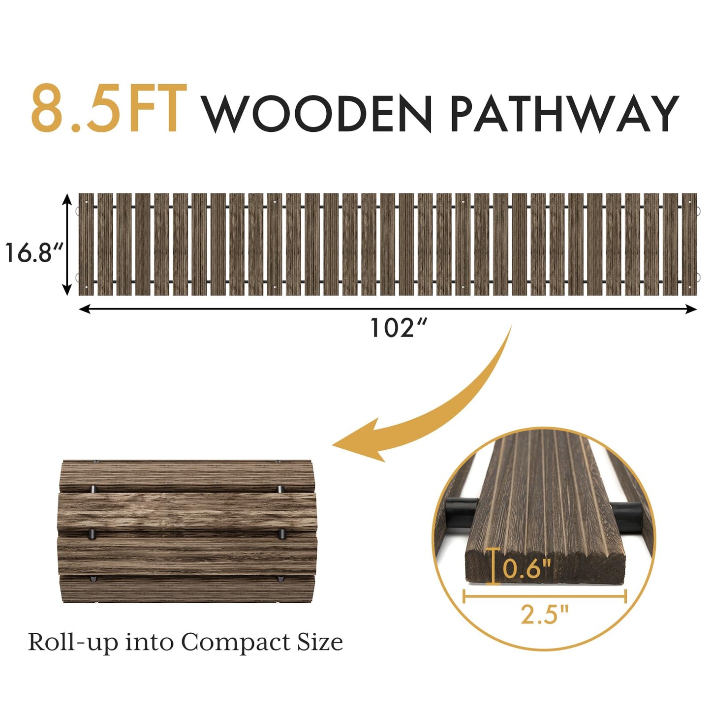 Amazer Wooden Garden Pathway Pavers for Outside,8.5FT Roll Out Straight Walkway Widened Plank Non-Slip Outdoor Patio Straight Path with 8 Stakes, Garden Lawn Boardwalk Backyard Walkway, Brown