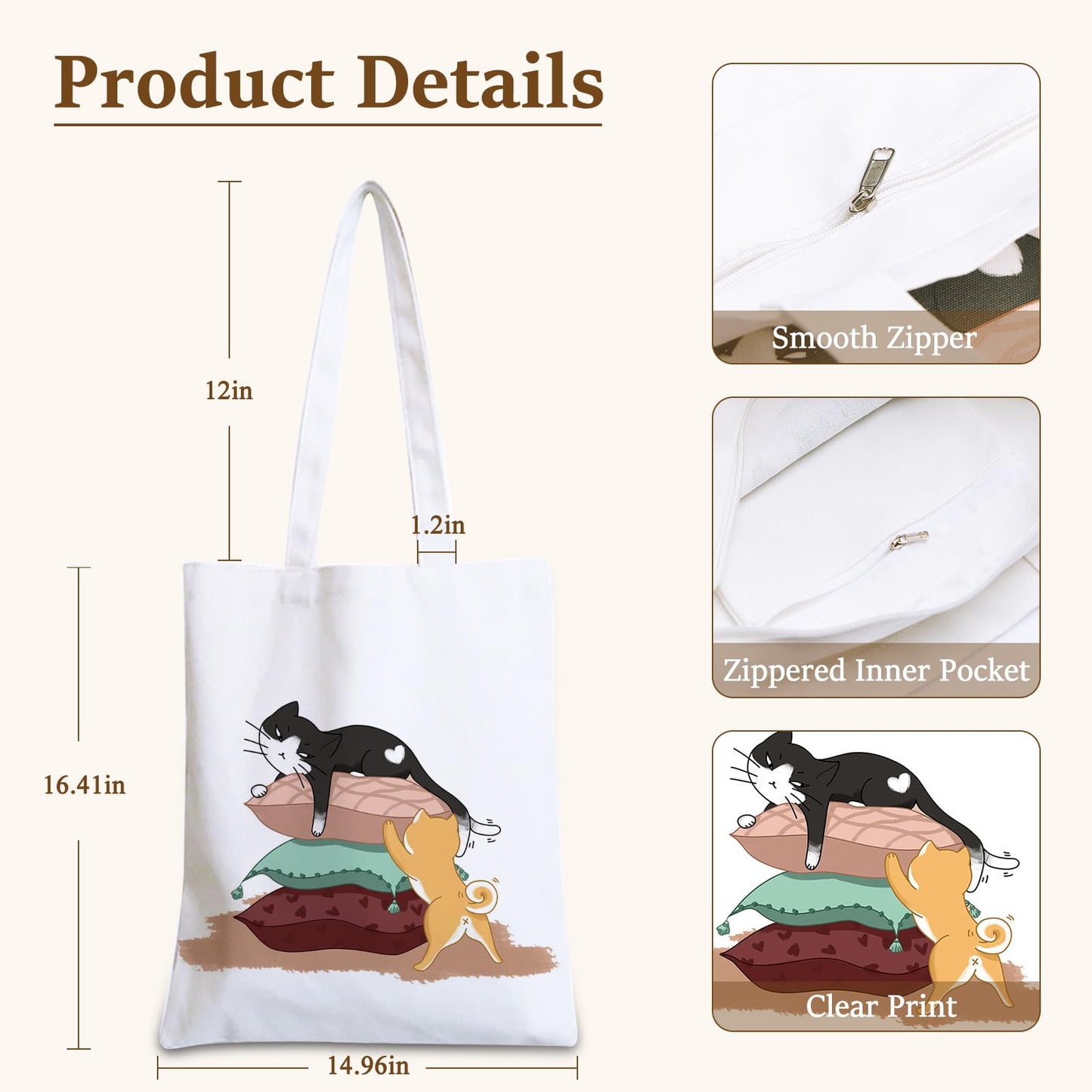 GICDSU Black Cat Cotton Canvas Tote Bag with Zipper, Reusable Grocery Bags, Beach Foldable Tote Bag for Women, Funny Totebag with Inner Pocket for Shopping Travel Gym Work