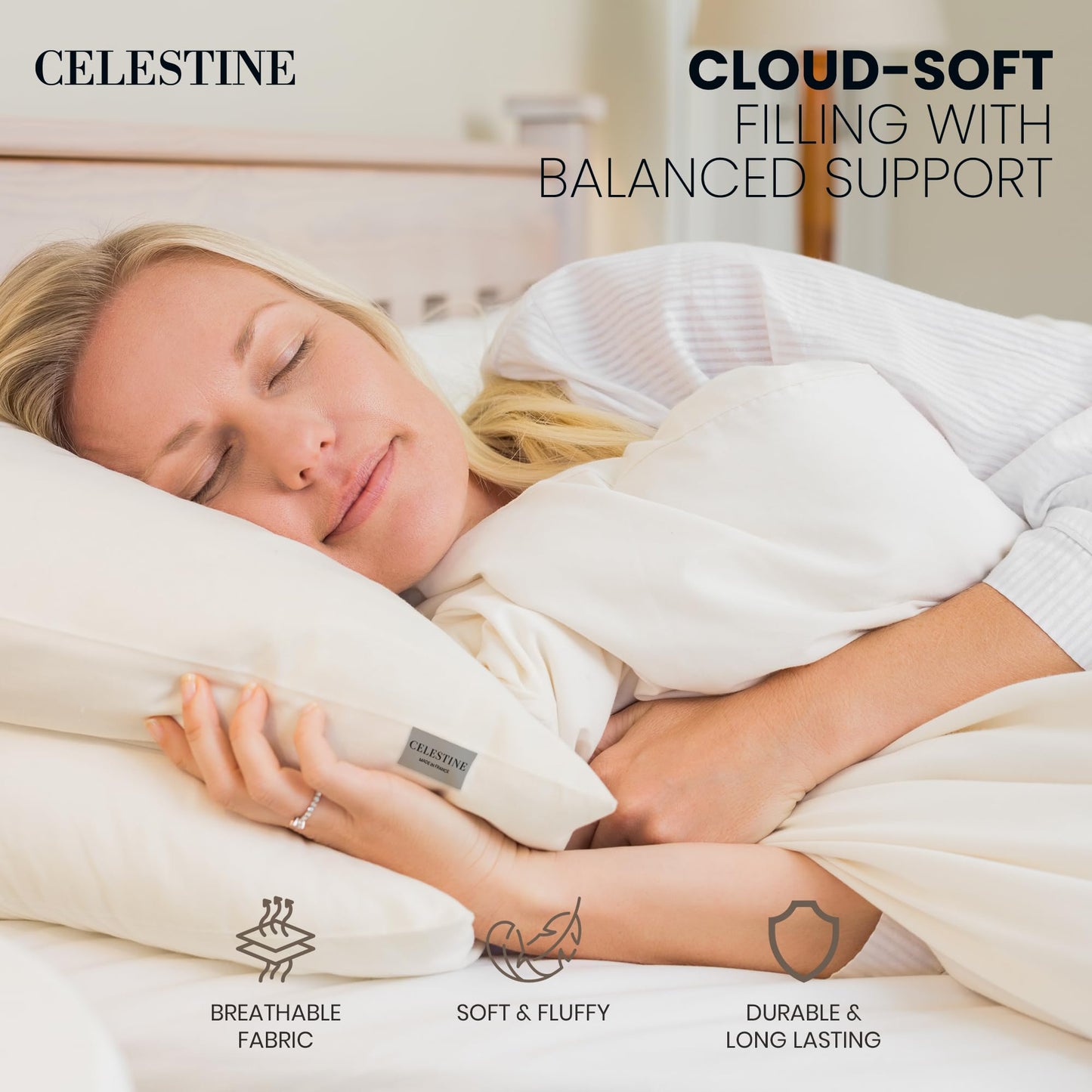 Celestine Queen Size Pillows Set of 4 – Soft Down Alternative Microfiber Filling, Plush White 20x28 Bed Pillows for Side and Back Sleepers, Breathable, Supportive, Machine Washable Pillow Set