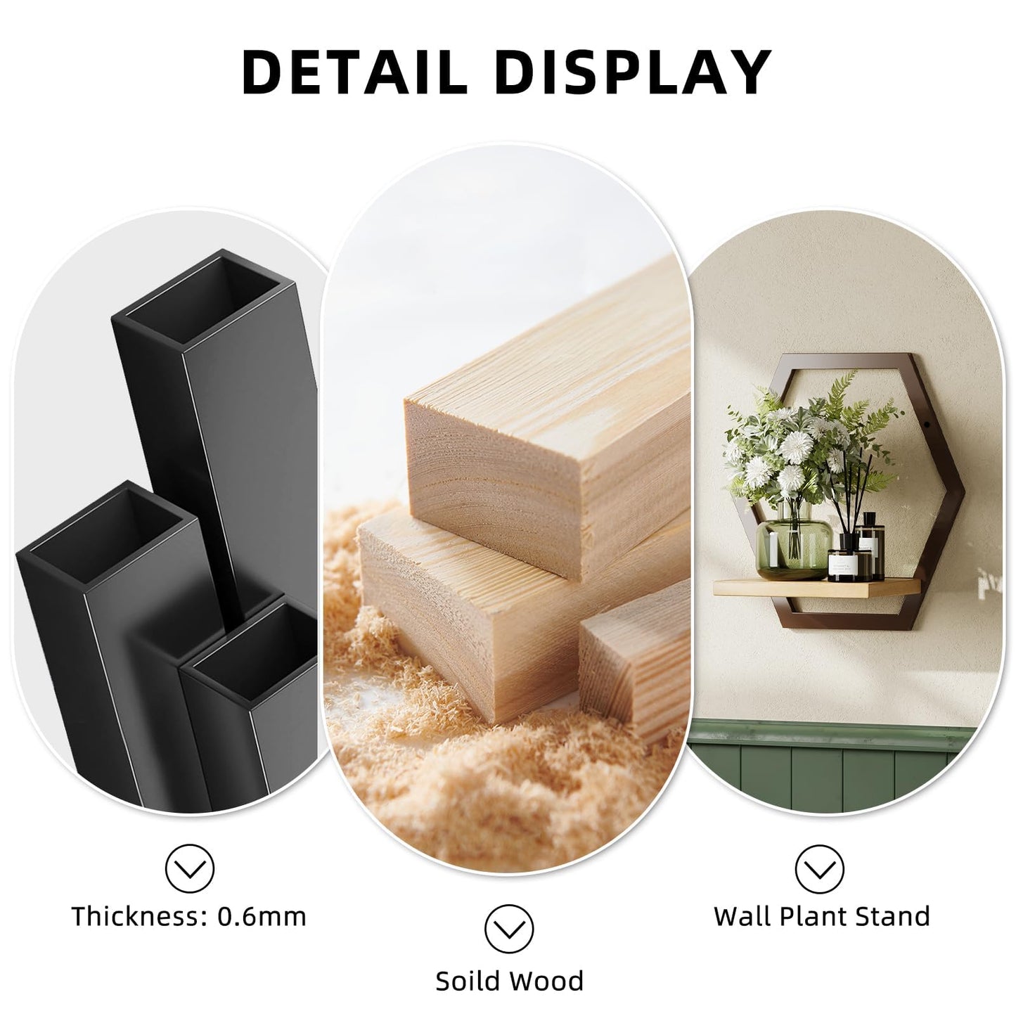 Rioneta 3 Pack Solid Wood & Heavy Duty Metal Wall Plant Stands,9 inch Natural Wood Shelf, Boho Arch Hanging Planter for Indoor 25 LB Load for Plants Coffee
