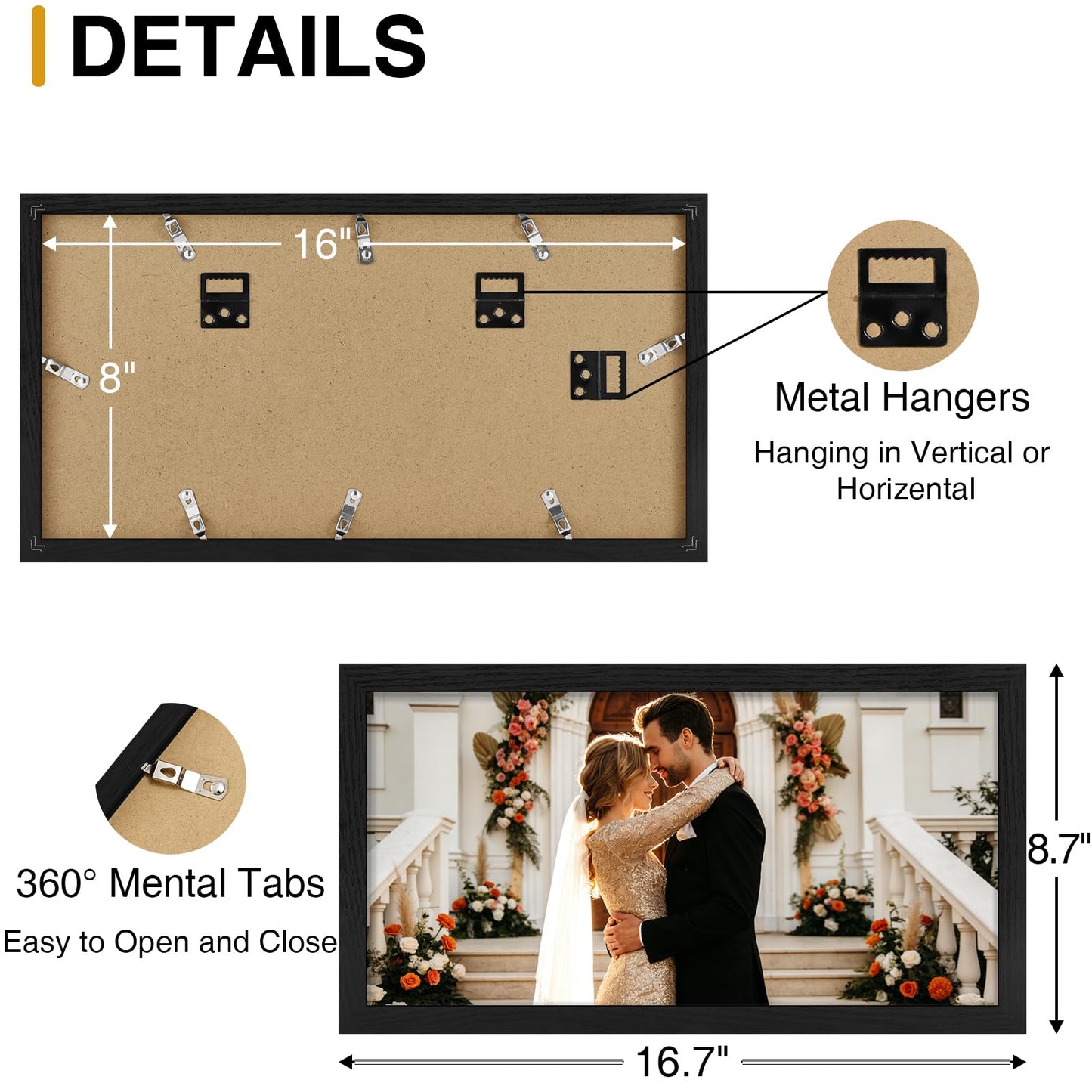 decorUhome 8x16 Picture Frames Collage Wall Decor, Display 3Pcs 5x7 Photos with Mat or 1Pcs 8x16 Unmatted, 3 5x7 Collage Picture Frames for Wall Mounting, Black
