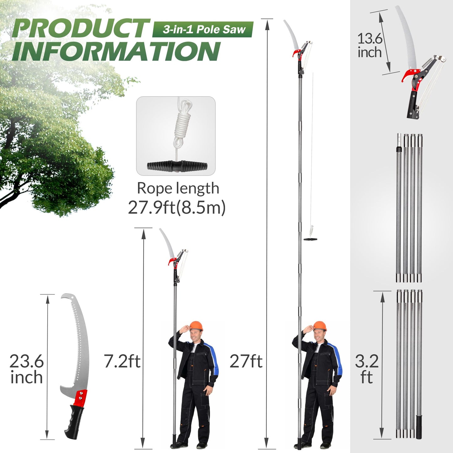 Walensee Pole Saws for Tree Trimming, Extendable Tree Pruner,Manual Branch Timmer with Blade and Scissors High Branches Pruning Fiberglass Pole Pruner and Cutter Garden Tool with Storage Bag 7.2-27FT