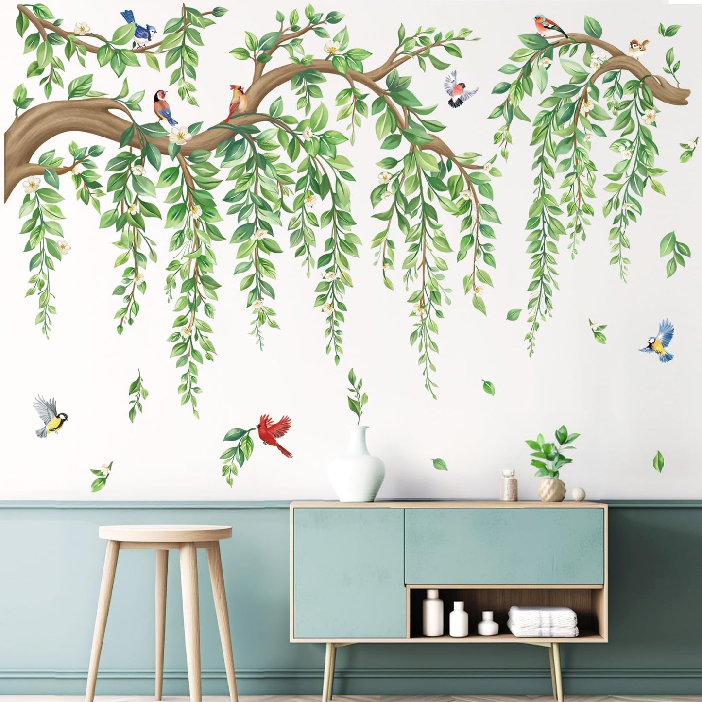 wondever Large Tree Branch Hanging Vine Wall Stickers Green Leaf Flower Birds Peel and Stick Wall Art Decals for Living Room Bedroom TV Wall