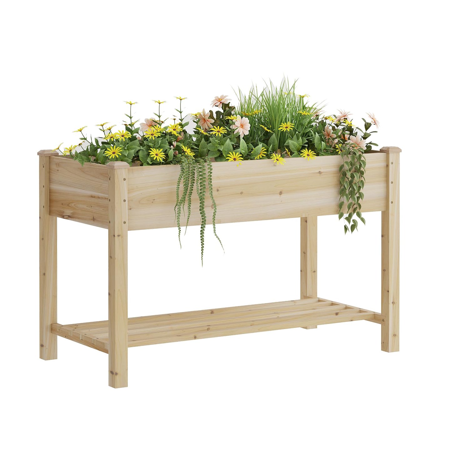 Raised Garden Bed with Legs, Wooden Planter Box with Storage Shelf, Elevated Wood Planter Box for Vegetables Flowers Herbs, Garden Planter for Backyard, Patio, Balcony, 48x24x30.7inch (Natural, M)