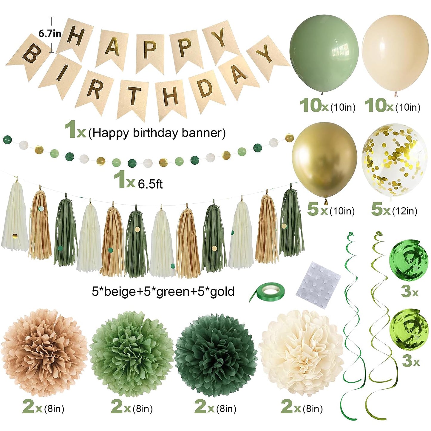 Green Birthday Party Decorations for Women Girls with Happy Birthday Banner,Tissue Paper Pompoms, Paper Tassel,Circle Garland,Hanging Swirl,Decorations Balloons for Party Decor (sage green)