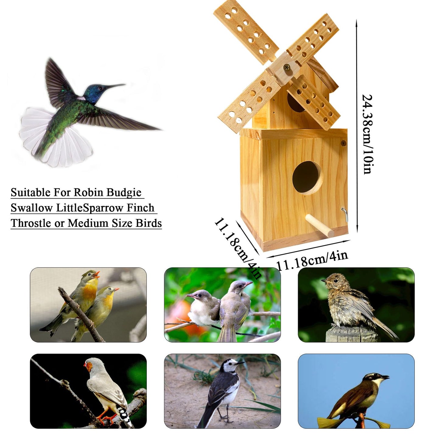 Whesamy Wood Bird House, Hanging Windmill Bird Houses for Outside, Cedar Birdhouse Outdoors for Robin Budgie Swallow Little Sparrow Finch Throstle, Bluebird Houses for Outside, Assembly Required