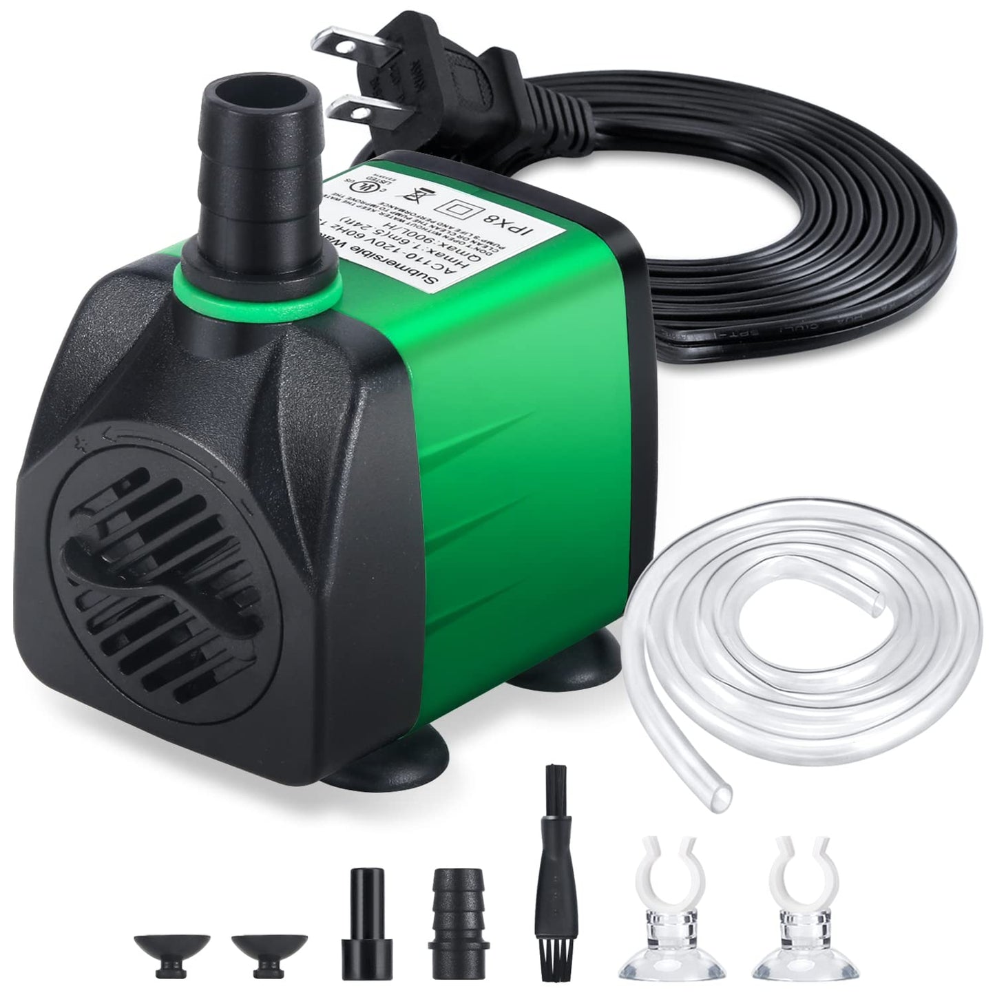 CWKJ Fountain Pump, 220GPH (15W 900L/H) Water Fountain Pump, Outdoor Submersible Fountain Pump with 6.5ft Tubing (ID x 1/3-Inch), 3 Nozzles for Aquarium, Pond, Fish Tank, Water Pump Hydroponics