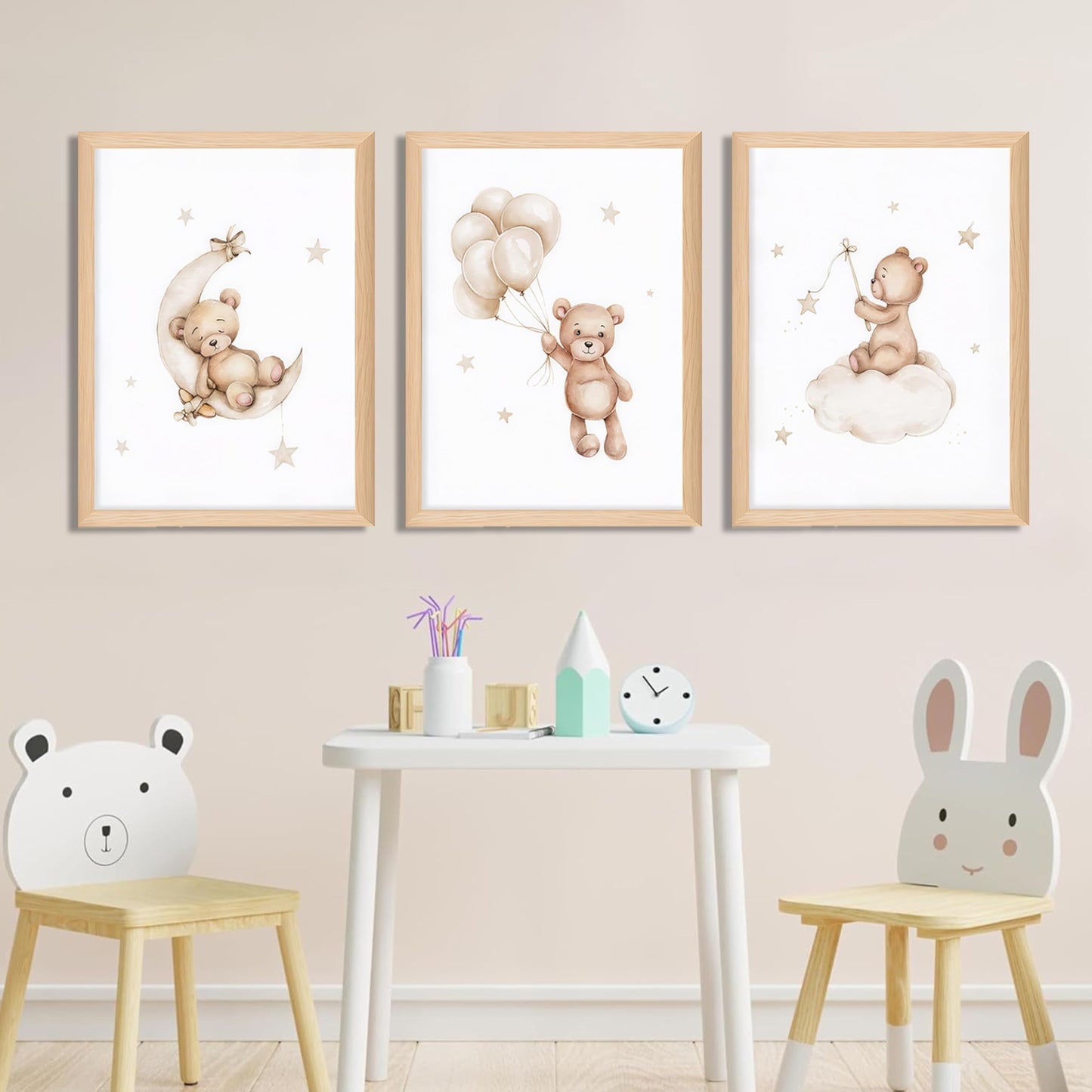 Framed Teddy Bear Wall Art Nursery Decor Set of 3, Bear Sleeping on The Moon and Stars Pictures Canvas, Neutral Bears Poster Prints Wall Decor for Kids Baby Room Girls Children Room – 12x16 inch