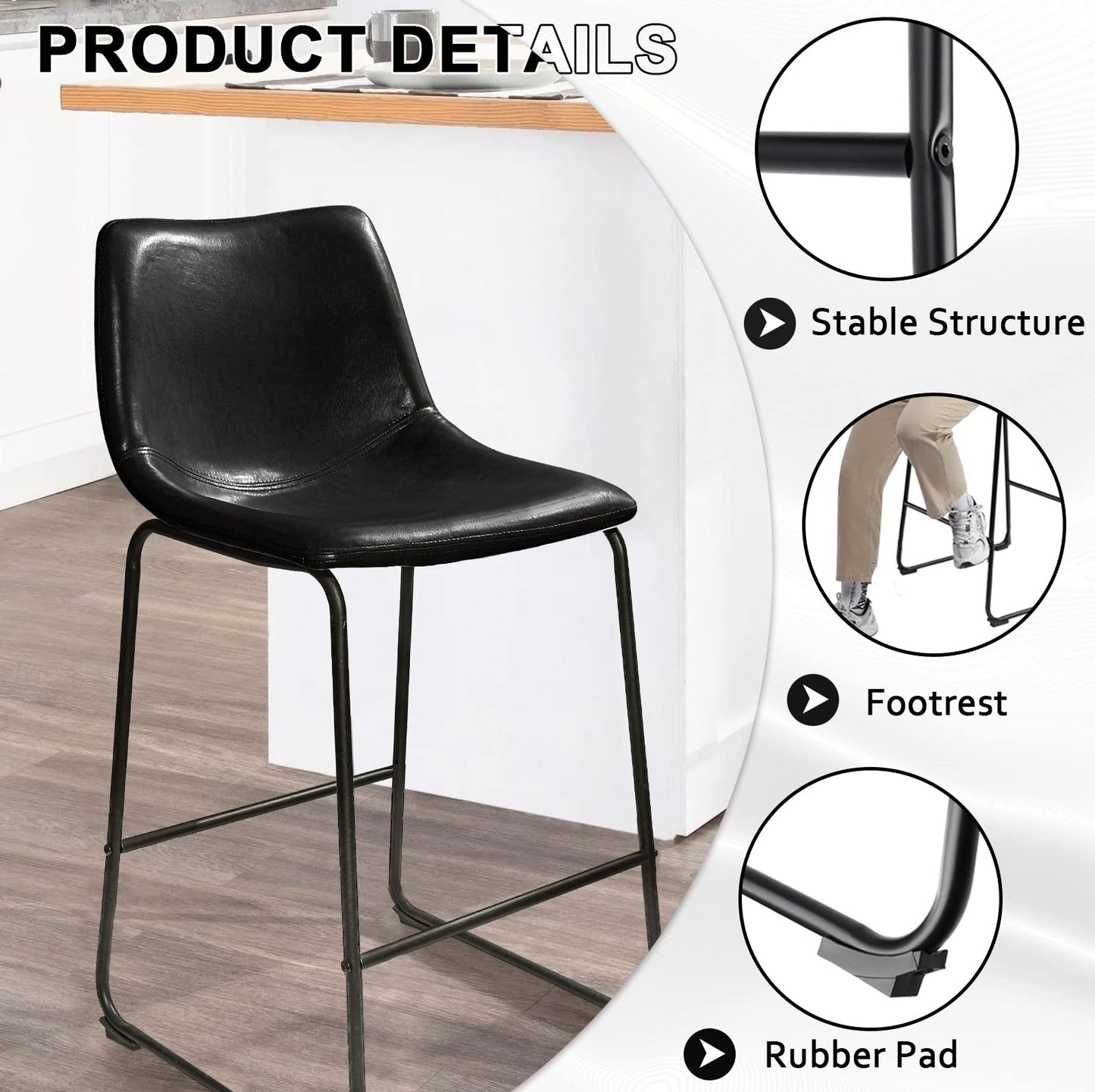 LEMBERI 26 inch Bar Stools Set of 2, Modern Counter Height Bar Stools, Faux Leather Barstool with Back and Metal Leg, Armless Bar Chairs for Kitchen Island (Black, 2pcs 26")