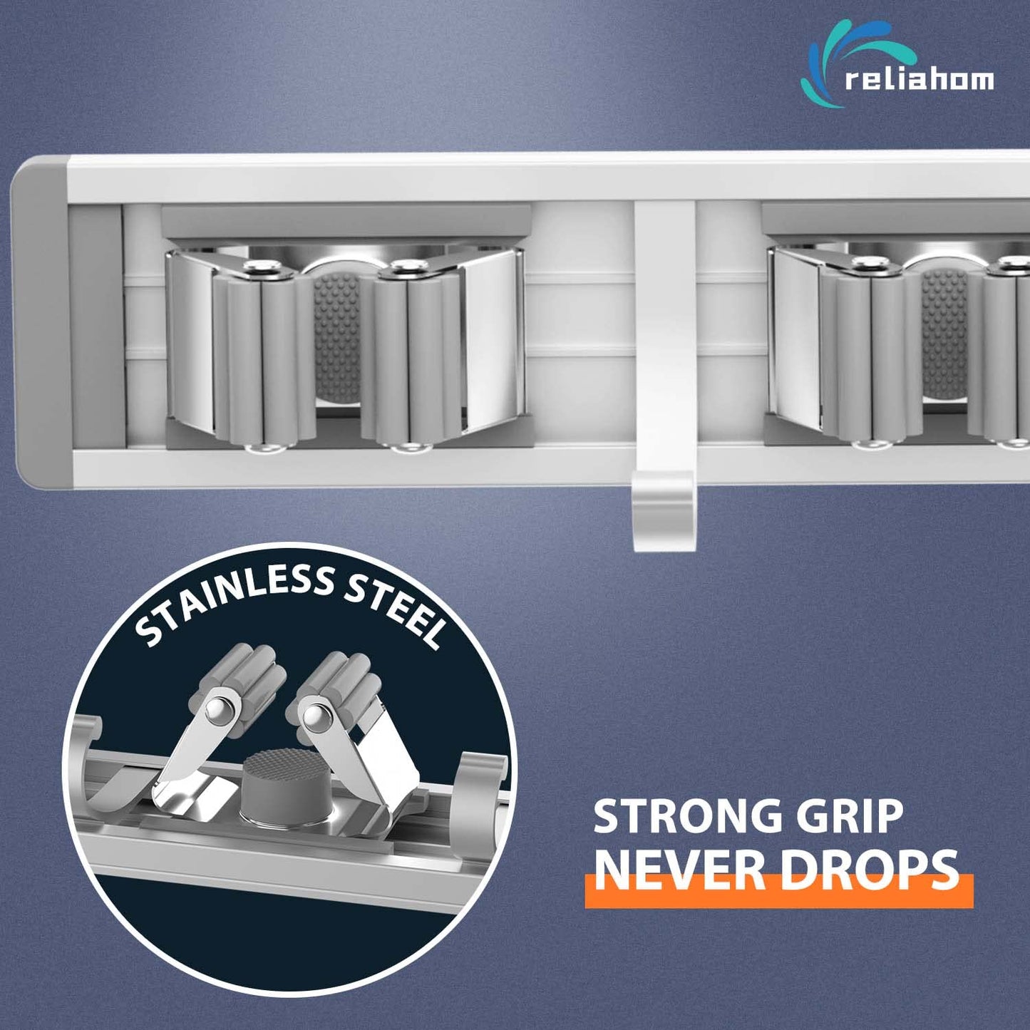 reliahom Broom Holder Wall Mount, 2 Pack 5 Racks with 4 Hooks Silver - Mop Storage Tool Racks, Broom Hanger Tool Organizer for Garage, Kitchen, Garden, Laundry Room