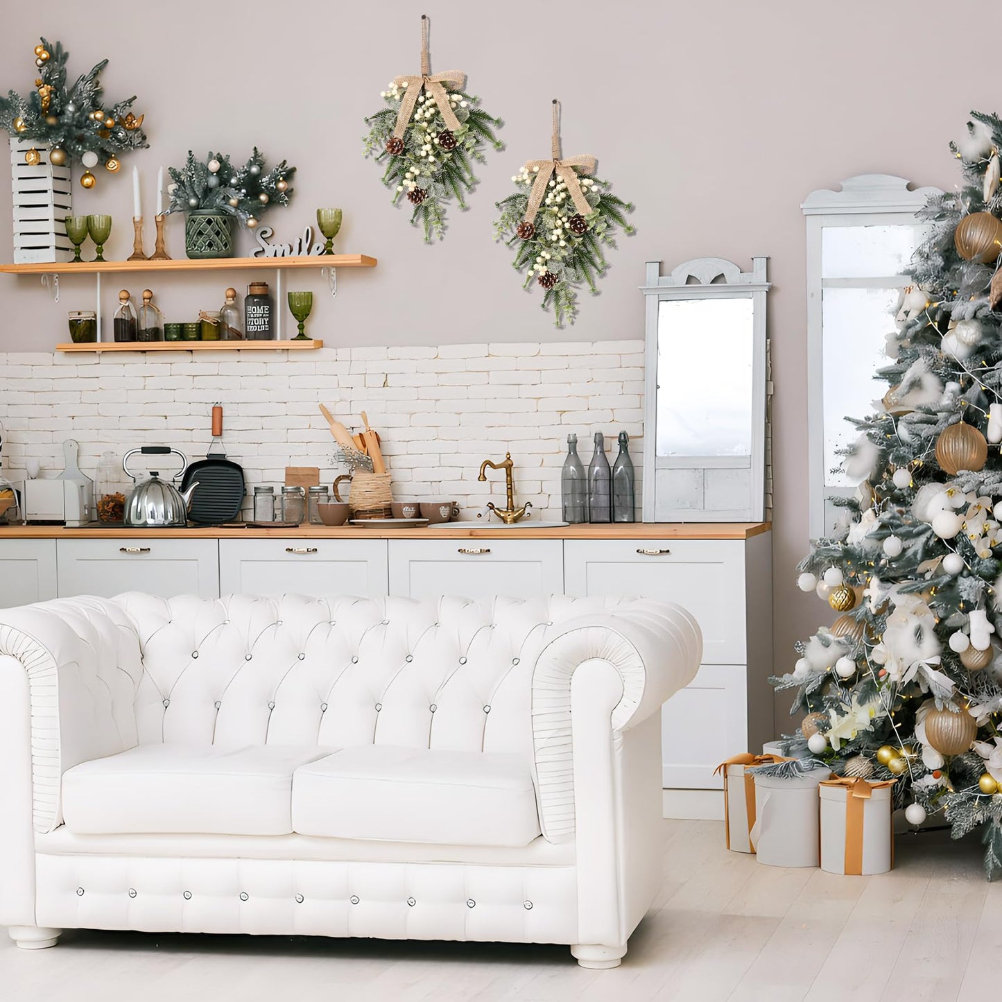 SY Super Bang 2PCS Christmas Decorations, 19Inch Artificial White Berry Front Door/Fireplace Hanging Decorations Include Linen Bow Green Plant, for Home Holiday Wall Party Xmas Decor.