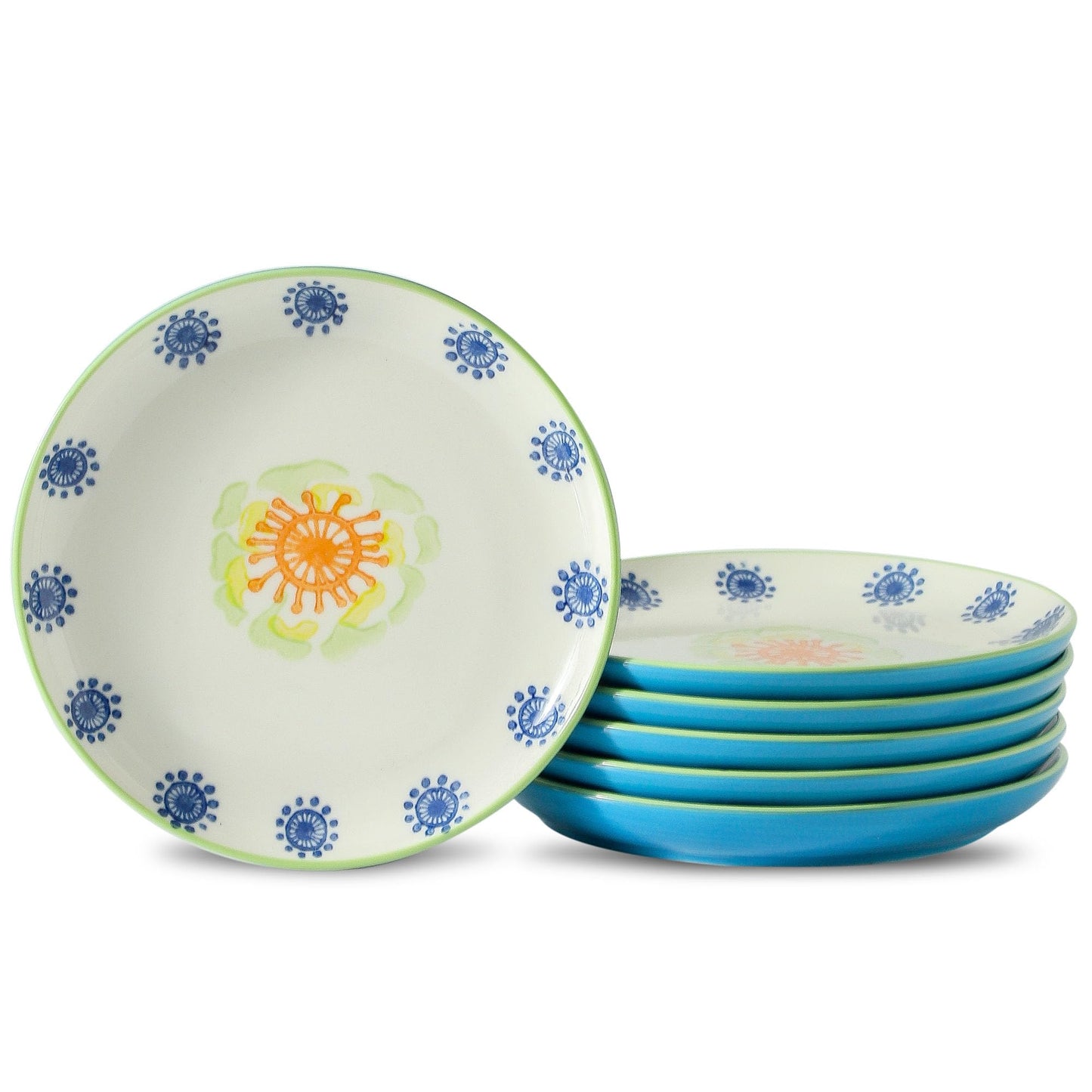 UniqueLife Hand-Painted 6 Inch Dessert Plates Set of 6, Ceramic Appetizer Snack Salad Plates, Microwave Dishwasher Oven Safe Small Plates for Cake Bread Fruit, Gift-Ready - Ocean Blue