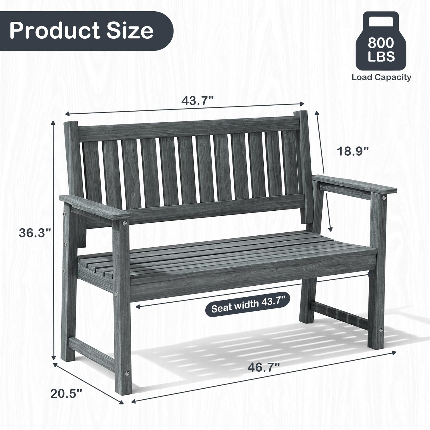 ACUEL Outdoor Bench, 2-Person Garden Bench, Poly Lumber Patio Bench for Outdoors, Porch, and Park (Dark Grey)