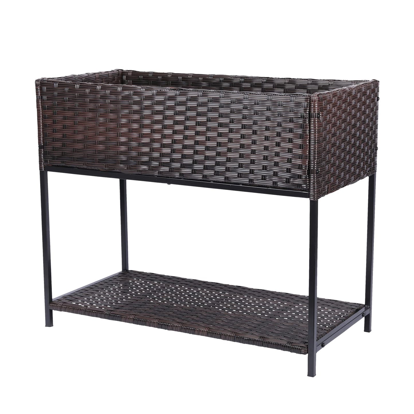 Chonsun Raised Garden Bed - 3x1.5x2.5 ft Rattan Raised Bed Wicker Elevated Raised Garden Bed with Underneath Tool Storage Rack Shelf, Outdoor Raised Flower Planter Box