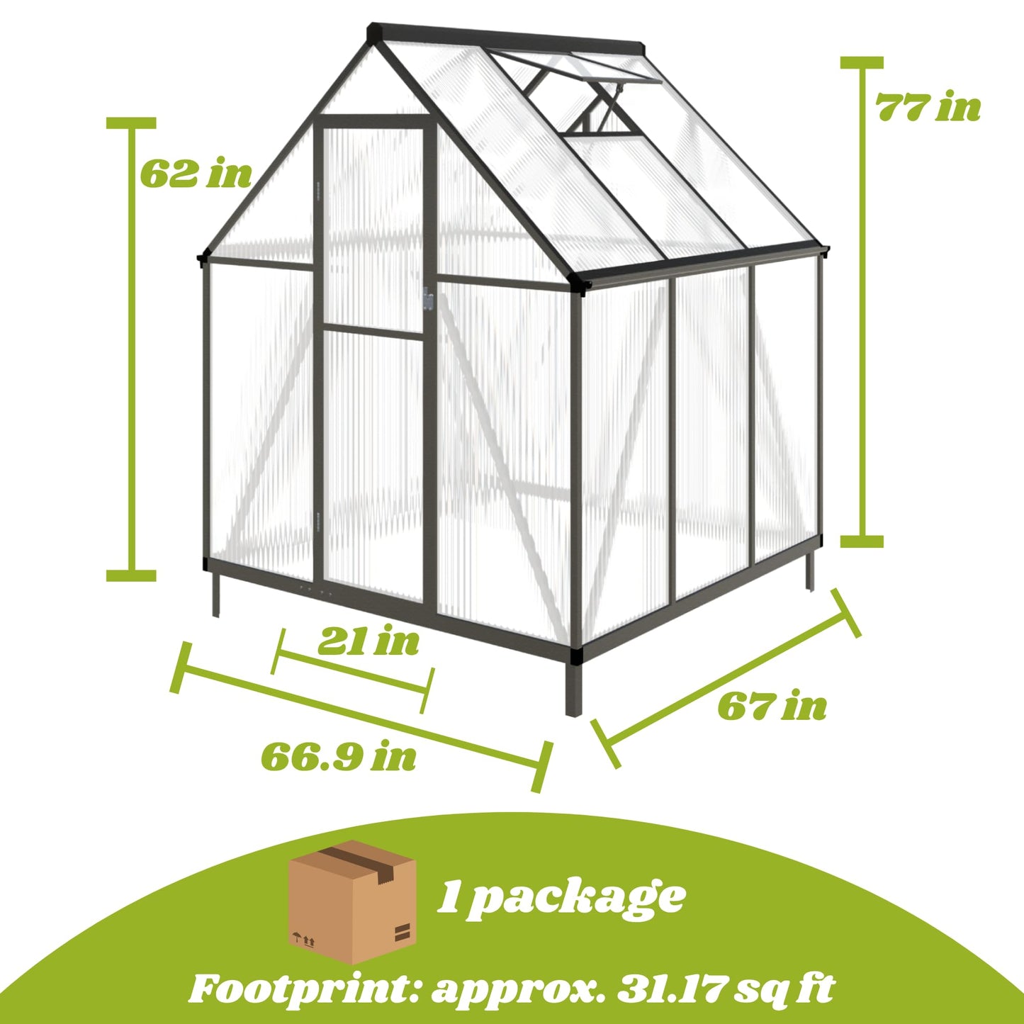 6x6 FT Greenhouse for Outdoors, Polycarbonate Greenhouse with Quick Setup Structure and Roof Vent, Aluminum Large Walk-in Green House for Outside Garden Backyard, Charcoal Black