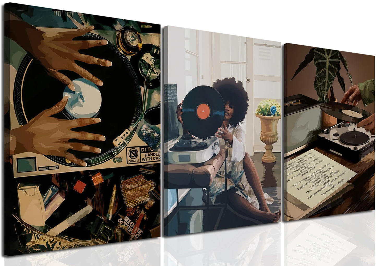 YFvrPt Black Girl Wall Art Decor Modern Black Woman Painting Prints, Set of 3 African American Music Record Player Poster Canvas Artwork for Bedroom Living Room 12x16 inch Framed