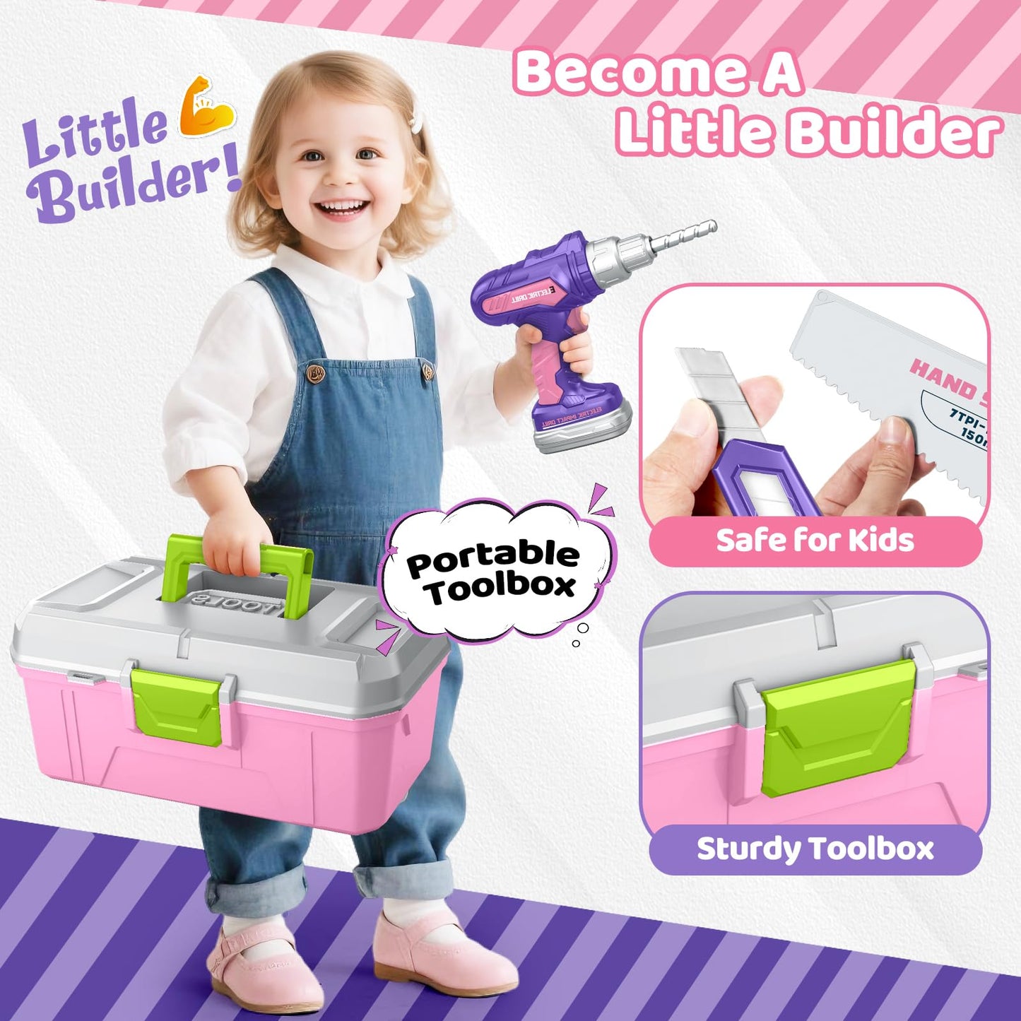 Kids Tool Set with Portable Tool Box & Electronic Toy Drill, Toddler Tool Set, Construction Tools for Kids Ages 3 4 5 6, 46 Pcs Tool kit for Christmas & Birthday Gifts for Girls