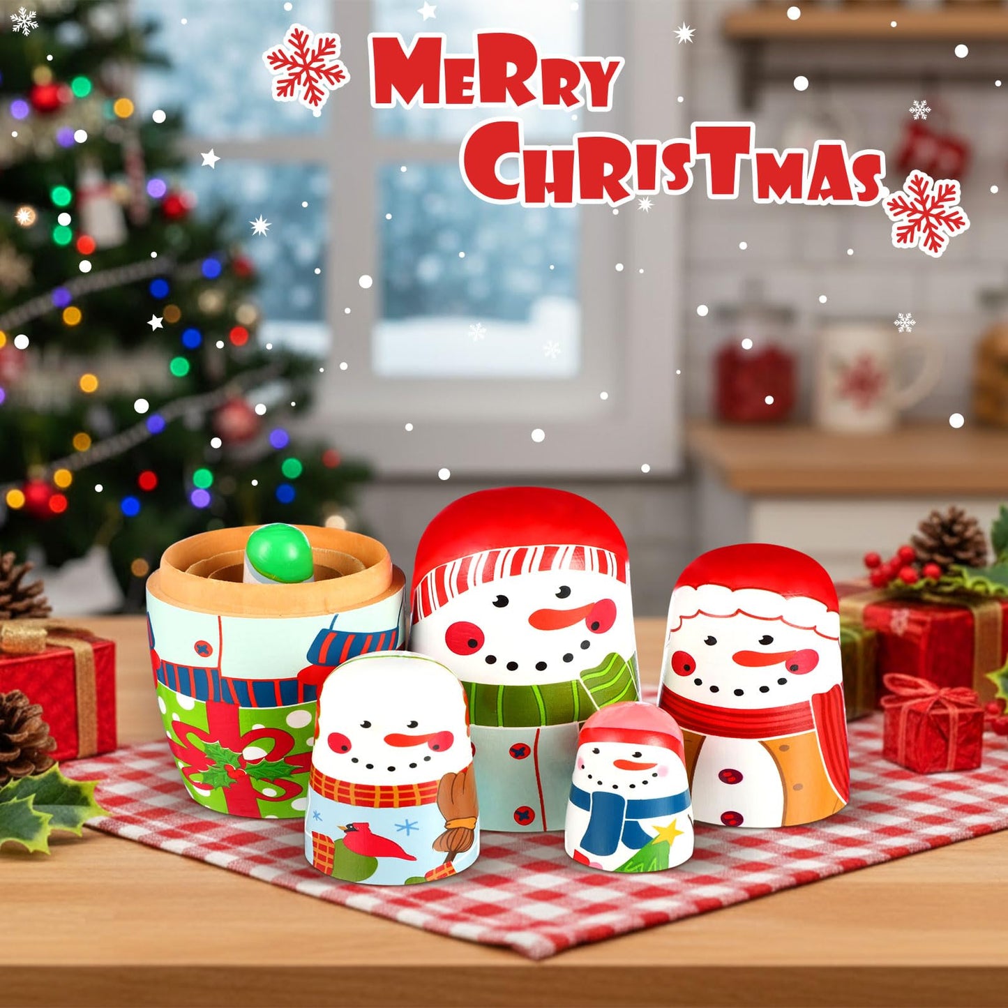 Gejoy Russian Nesting Dolls for Kids Handmade Matryoshka Wooden Stacking Toys Nesting Dolls Collectible Gifts for Winter Christmas Holiday Present Boys Girls Adults Home Decor(Snowman)