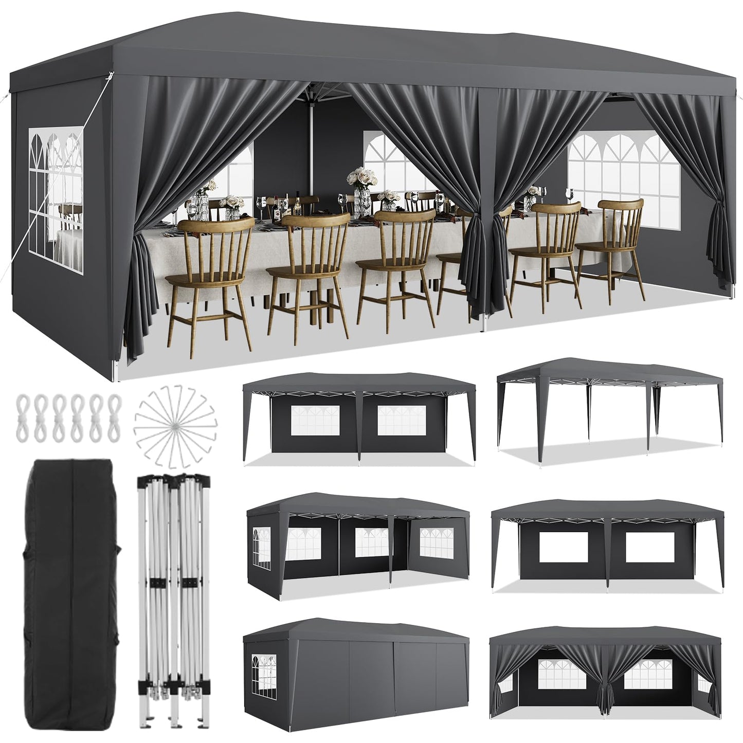 10x20 Pop Up Canopy Tent with 6 Removable Sidewalls, Heavy Duty Easy Up Commercial Party Tent with 3 Adjustable Heights, Waterproof Outdoor Canopy for Events, Wedding & Market, Includes 18 Stakes and