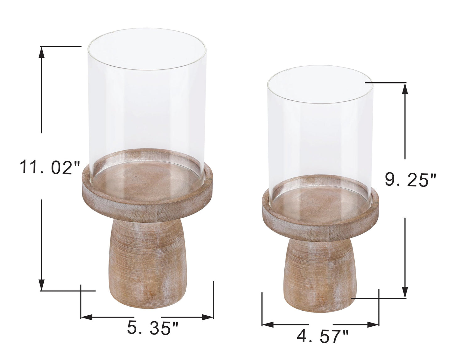 4" & 5" Glass Hurricane Candle Holders with Distressed Brown Solid Wooden Base in Set of 2, Decorative Centerpiece for Home, Coffee Table, Fireplace Mantel, Wedding, Modern Farmhouse Style