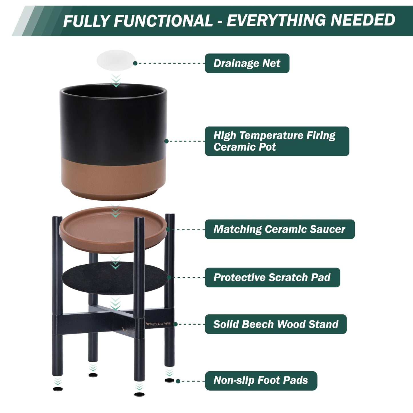 D'vine Dev Ceramic Planter with Ebony Stand - 8 Inch Modern Round Flower Pot with Wood Planter Holder, Black/Speckled Tan, 55-B-M-7