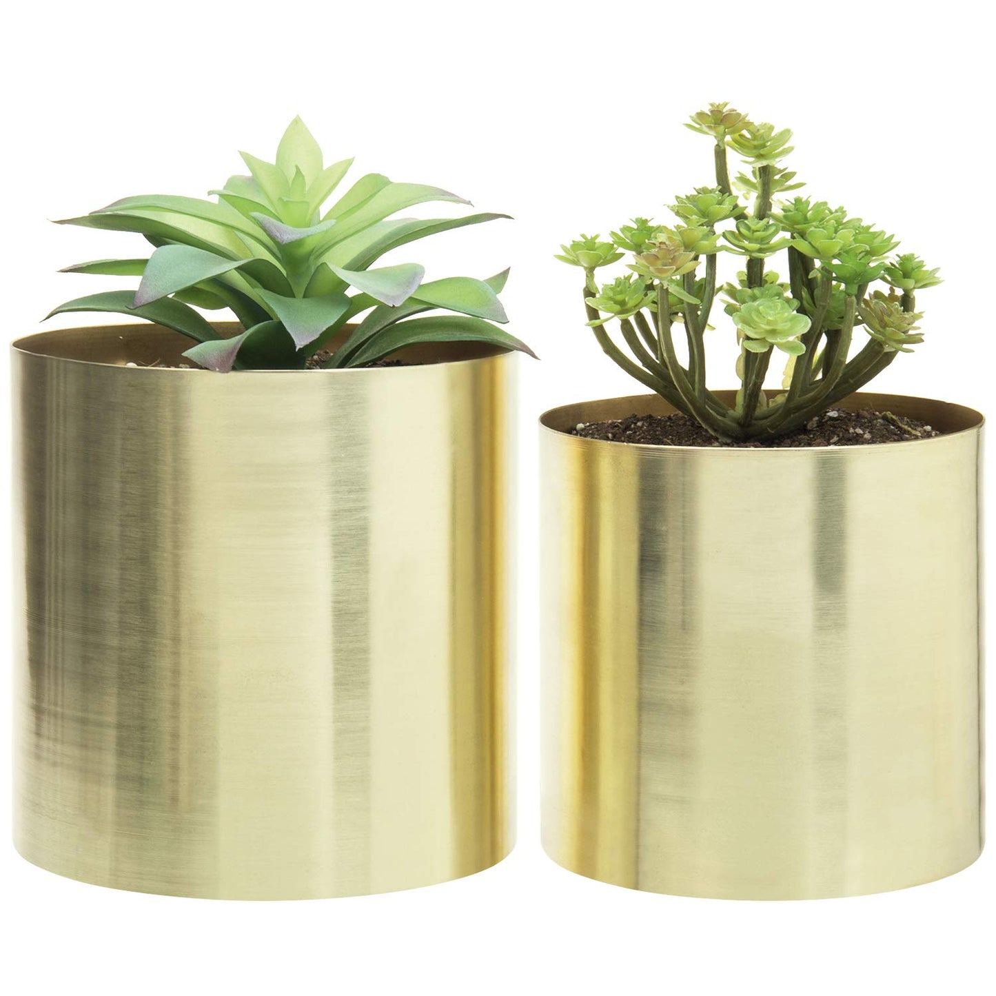 MyGift Modern Brushed Brass Plated Indoor Plant Pot, Cylindrical Metal Vase, 5 and 6 Inch, Set of 2 - Handcrafted in India