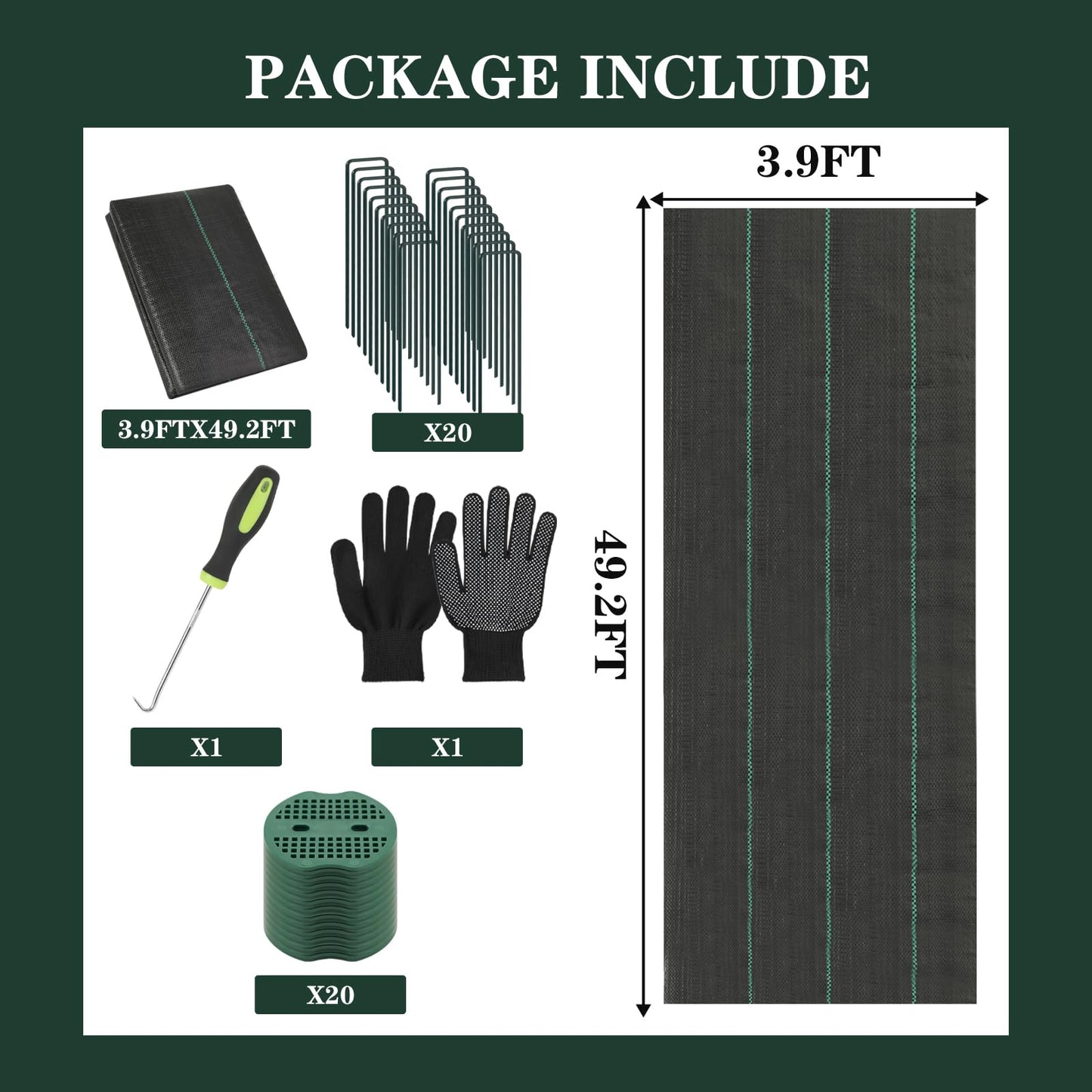 4ftx50ft Premium Weed Barrier Fabric, 3.2oz Heavy Duty Landscape Fabric with Hook Staples Gaskets Gloves, High Permeability Garden Cloth Mat Good for Landscaping Weed Blocker Fabric Garden Bed Cover
