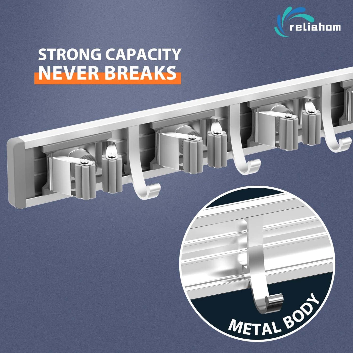 reliahom Broom Holder Wall Mount, 2 Pack 5 Racks with 4 Hooks Silver - Mop Storage Tool Racks, Broom Hanger Tool Organizer for Garage, Kitchen, Garden, Laundry Room