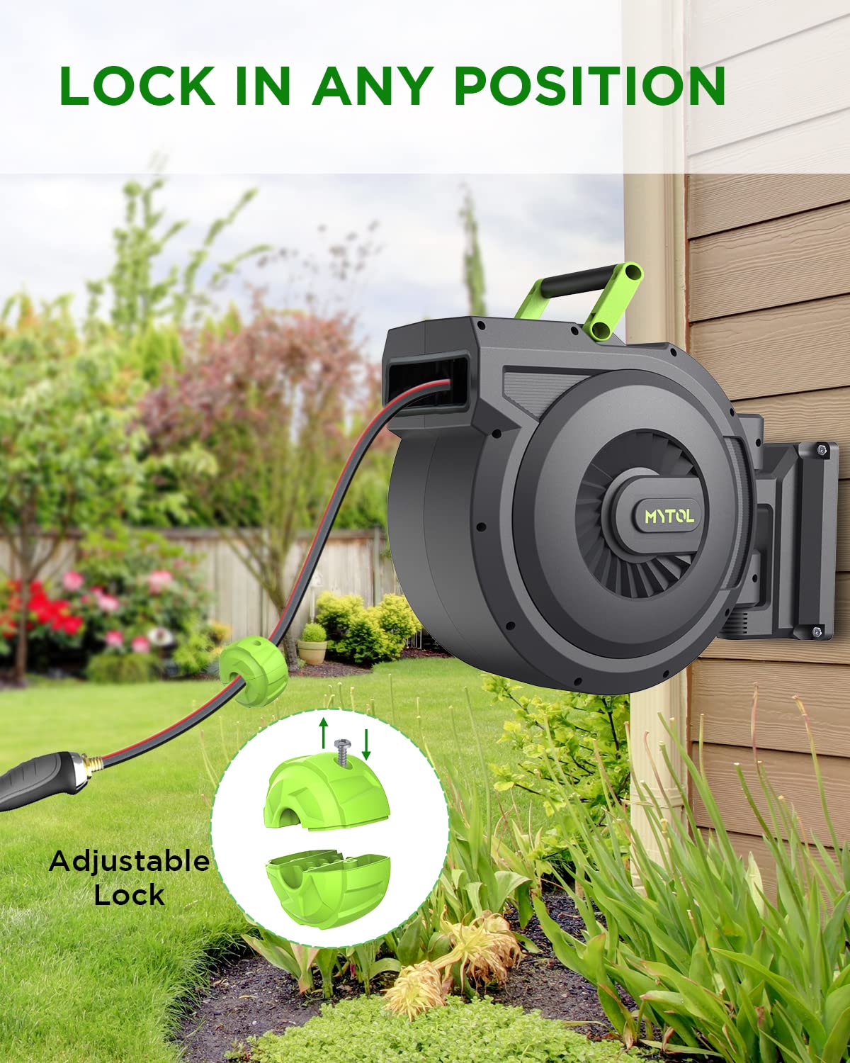 Retractable Garden Hose Reel, 5/8 Inch x 82 ft + 6 ft Wall Mounted Water Hose Reel with Auto Slow Rewind System, 10-Pattern Nozzle, Any Length Lock, 180° Swivel Bracket, Ideal for Easy Watering