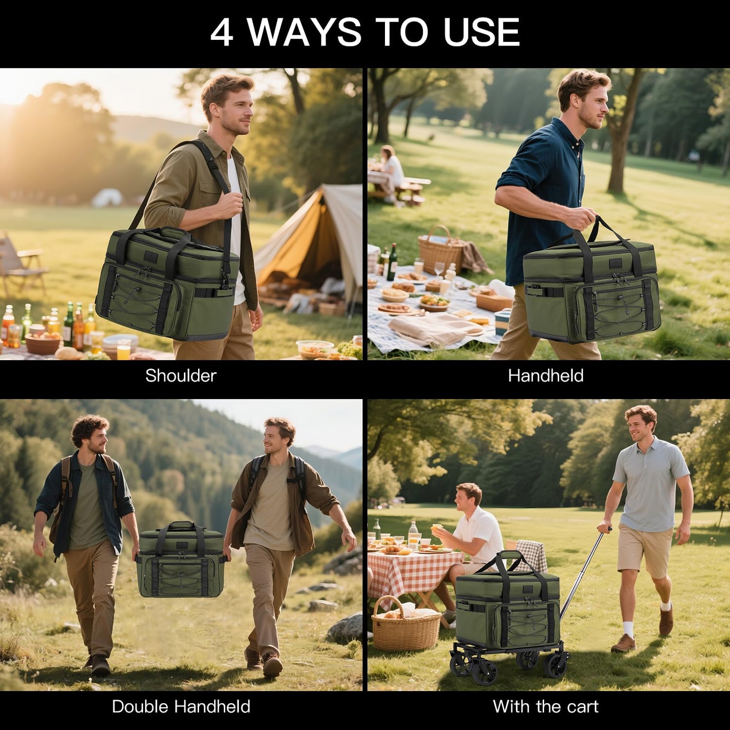 Extra Large Wheeled Portable Cooler Bag 85 Cans Double Deck Heavy Duty Rolling Insulated Cooler with All-Terrain Wheels Leakproof Tactical Soft Sided Cooler for Beach Camping Picnic Travel, Green