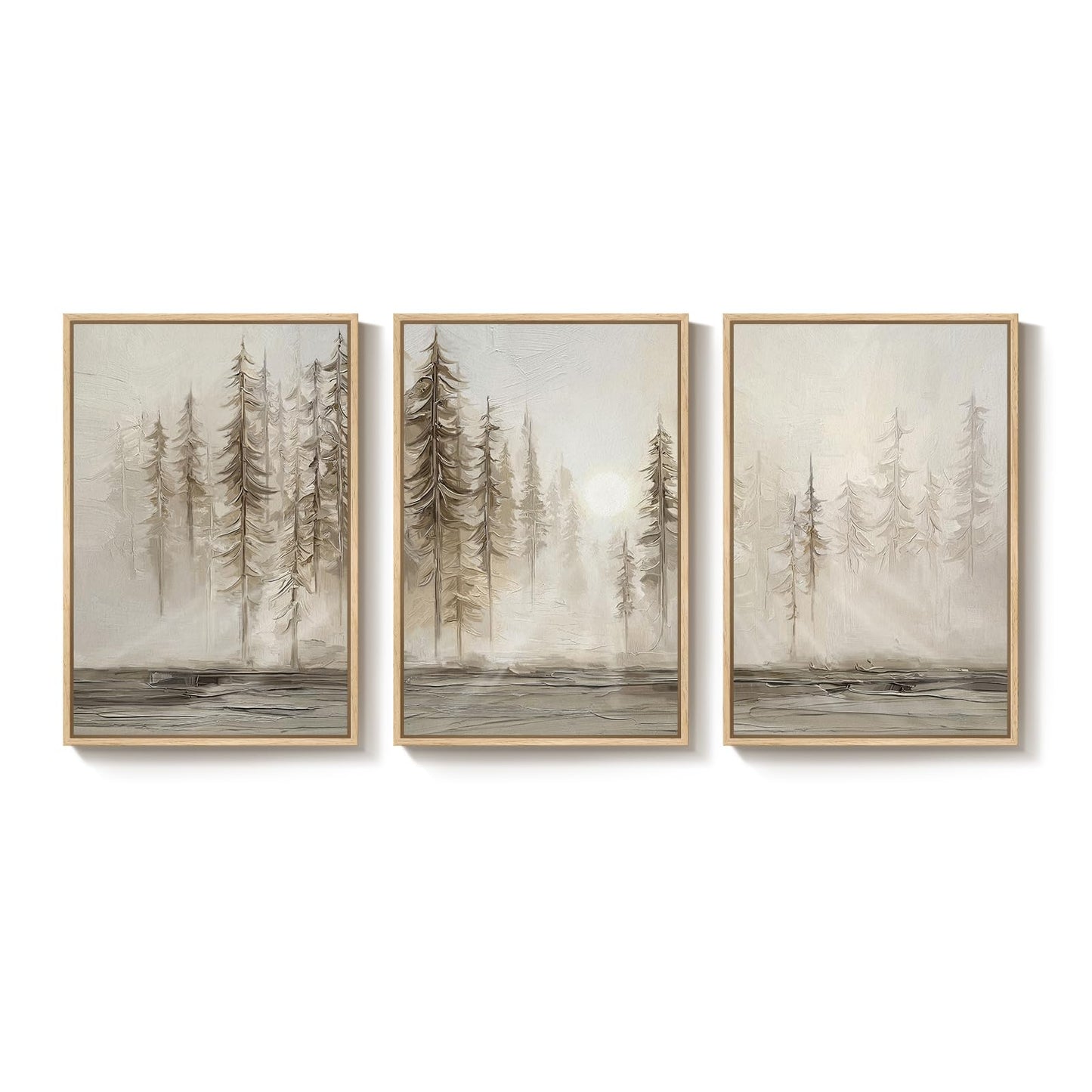 Framed Neutral Wall Art for Living Room, Large 3 Piece Abstract Pastel Grunge Forest Landscape Tree Canvas Artwork Set, Modern Art Decorative Nordic Painting Picture Prints for Hallway Office 24x36 In