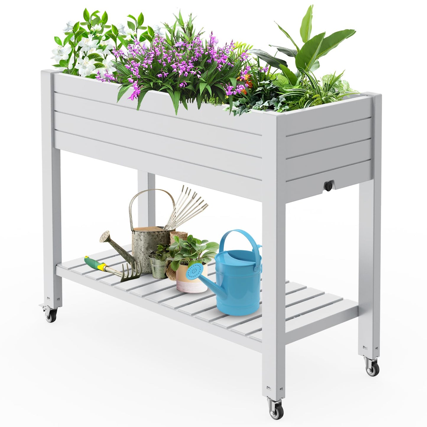 Vixzen Raised Garden Bed Outdoor,Reinforced Large Planter Box with Wheels & Storage Shelf,Mobile Planter Bed Box for Backyard, Patio, Balcony (Ashen, 21Gal（43.31"×17.72"×33.66"）)