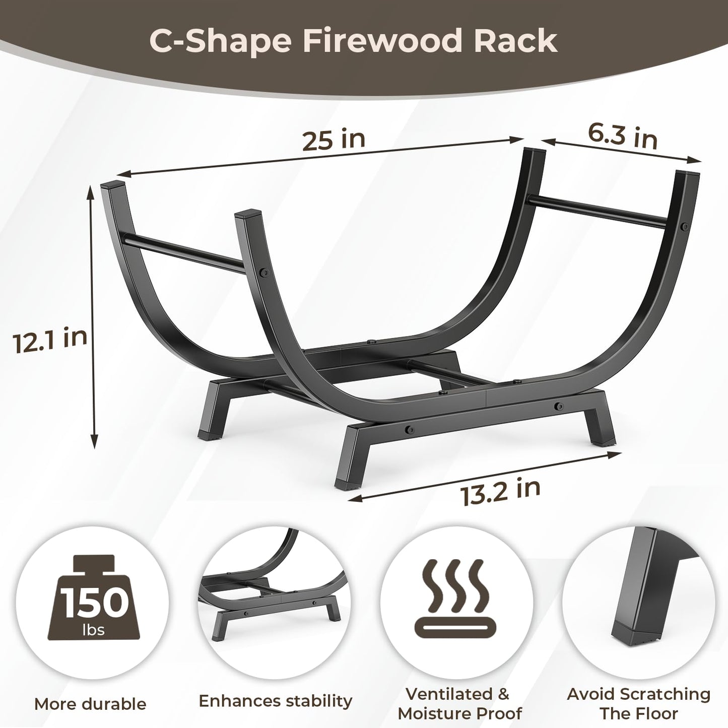 Venkuber Firewood Rack - 25 inch Outdoor Indoor Metal Firewood Holder With Thickened Trapezoid Base-Double Coated Waterproof Rustproof Fireplace Firewood Stand, Black