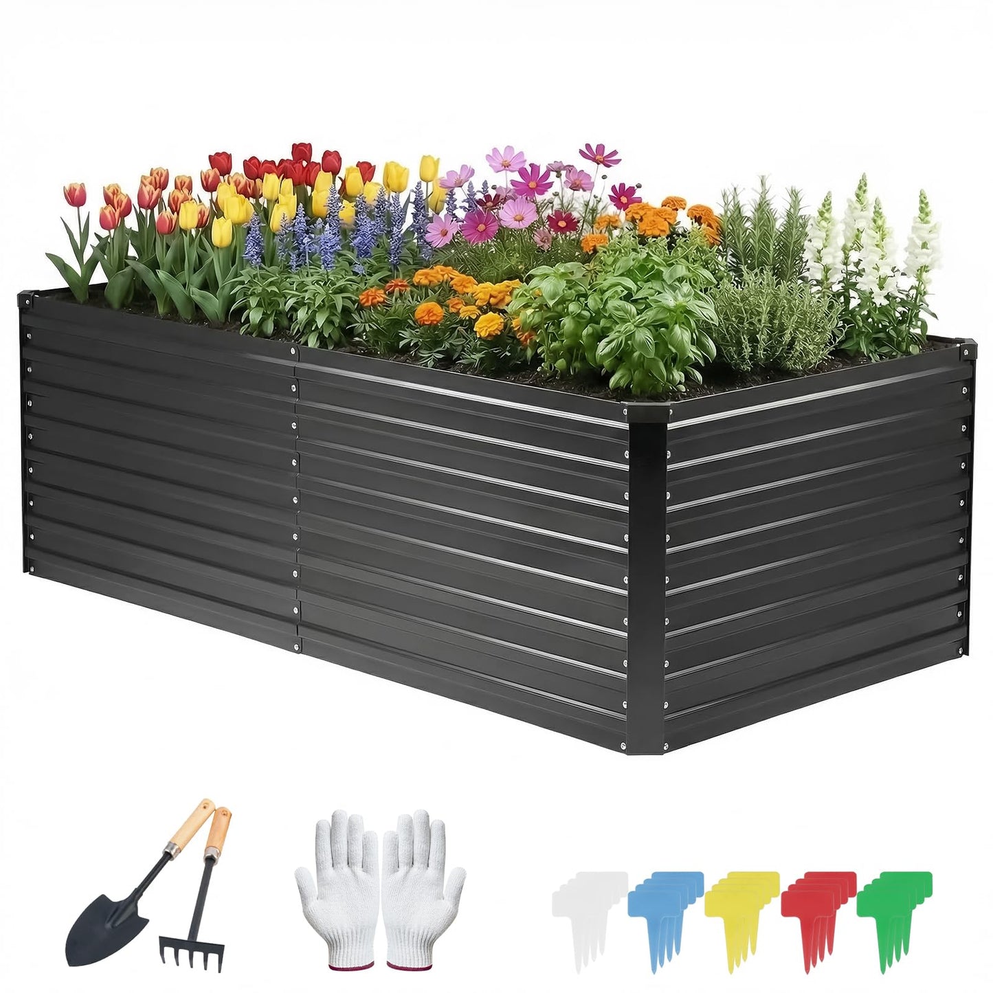 DTIG Galvanized Raised Garden Bed for Vegetables Flowers Herbs, Tall Metal Raised Garden Bed Kit with Garden Tools, Gloves, Plant Labels, Black 6×3×2FT
