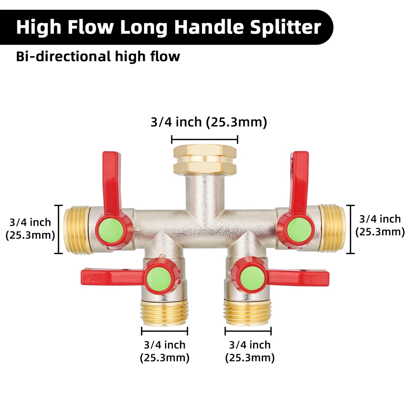 EJW Garden Hose Splitters, 4 Way Hose Splitter, Water Hose Splitters, Hose Bib Splitter, 4 Way Heavy Duty High Flow Splitter, Brass Hose Splitter, Spigot Splitter,Valve 3/4 Inch GHT Thread.