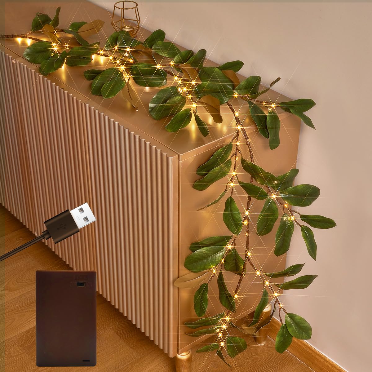 Fudios Magnolia Lighted Garland with Timer 6FT 80 LED Fairy Lights Battery Operated or USB Plug in, Artificial Greenery Garland Lights for Spring Holiday Party Mantle Decoration