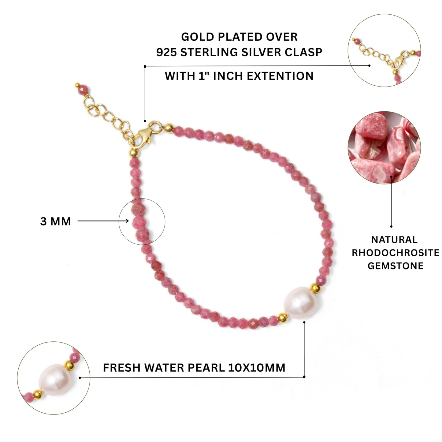 A&M Gems 2.5-3 mm Natural Rhodochrosite Round Faceted Beaded Bracelet with Pearl Crystal Jewelry, Brass Gold Plated Bracelet, 1-Inch Adjustable Chain, Handmade Bracelet, 7-Inch, Gifts for Women