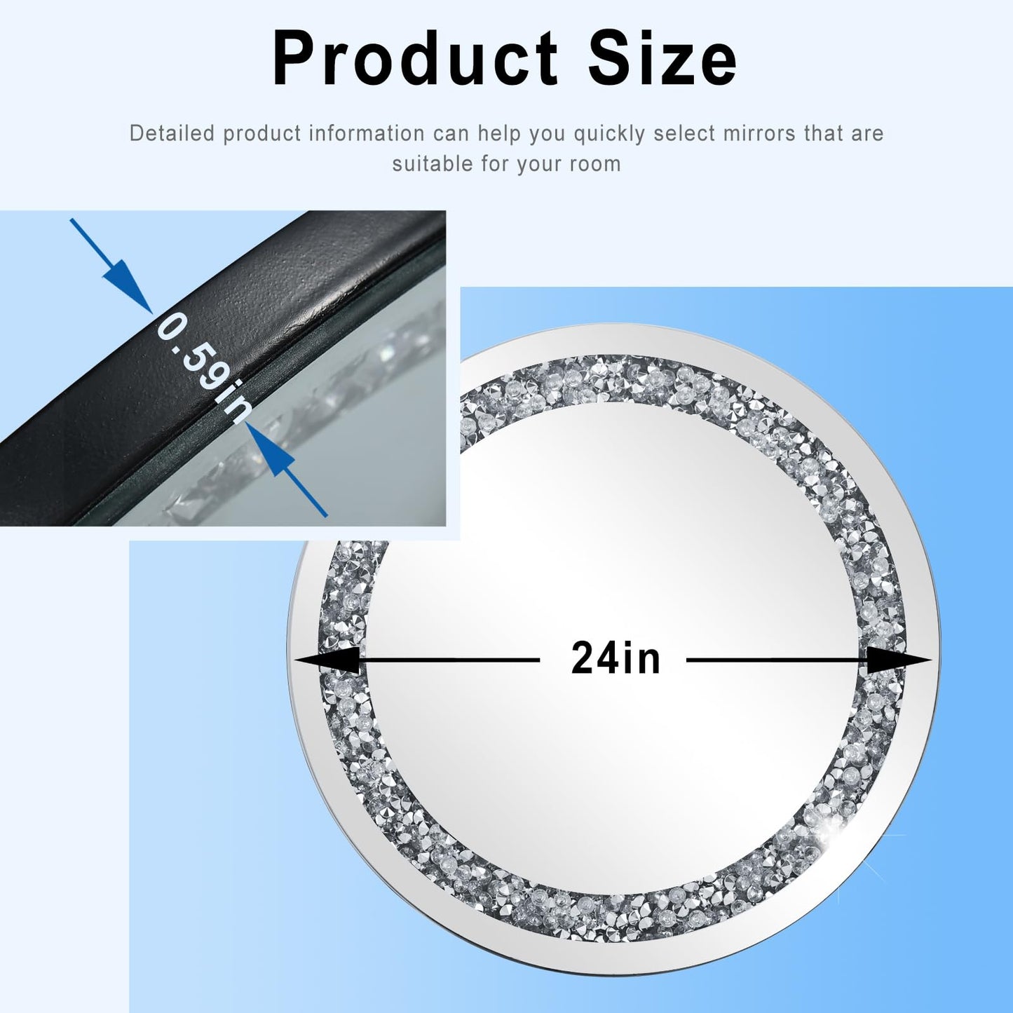 24 Inch Crushed Diamond Round Glass Wall Mirror, Bathroom Mirror, Wall Decoration Hanging Mirror, Suitable for Living Room, Bedroom, Vanity