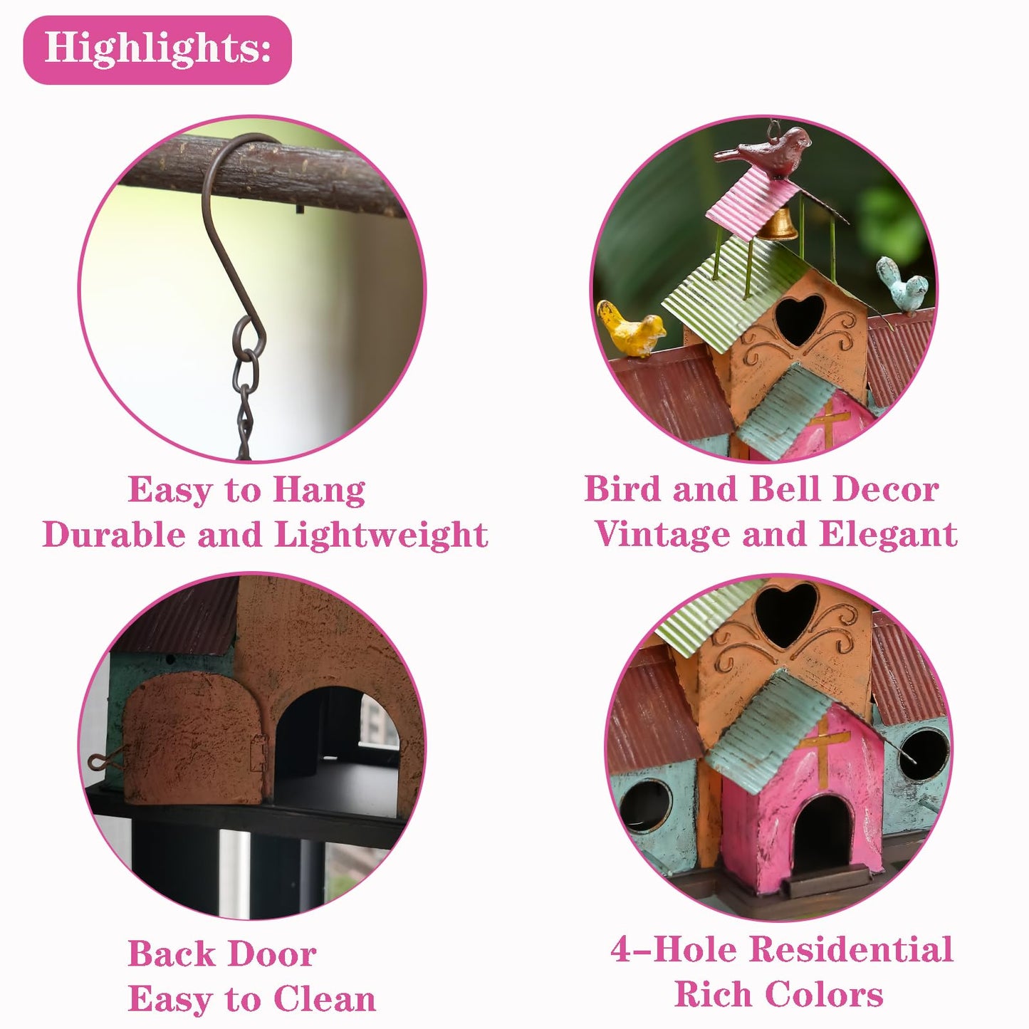 MOCOME Large Bird Houses for Outside Hanging, 4 Hole Outdoor Bird House with Bell, Easy Clear, Colorful Metal Bird Houses for Outside.