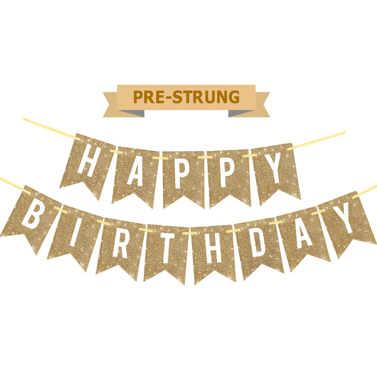 Netnology Pre-Strung Gold Happy Birthday Banner Decorations,12 ft No DIY Gold Glitter Birthday Party Banner Sign Decor for Women Men Girl Boy Party Supplies