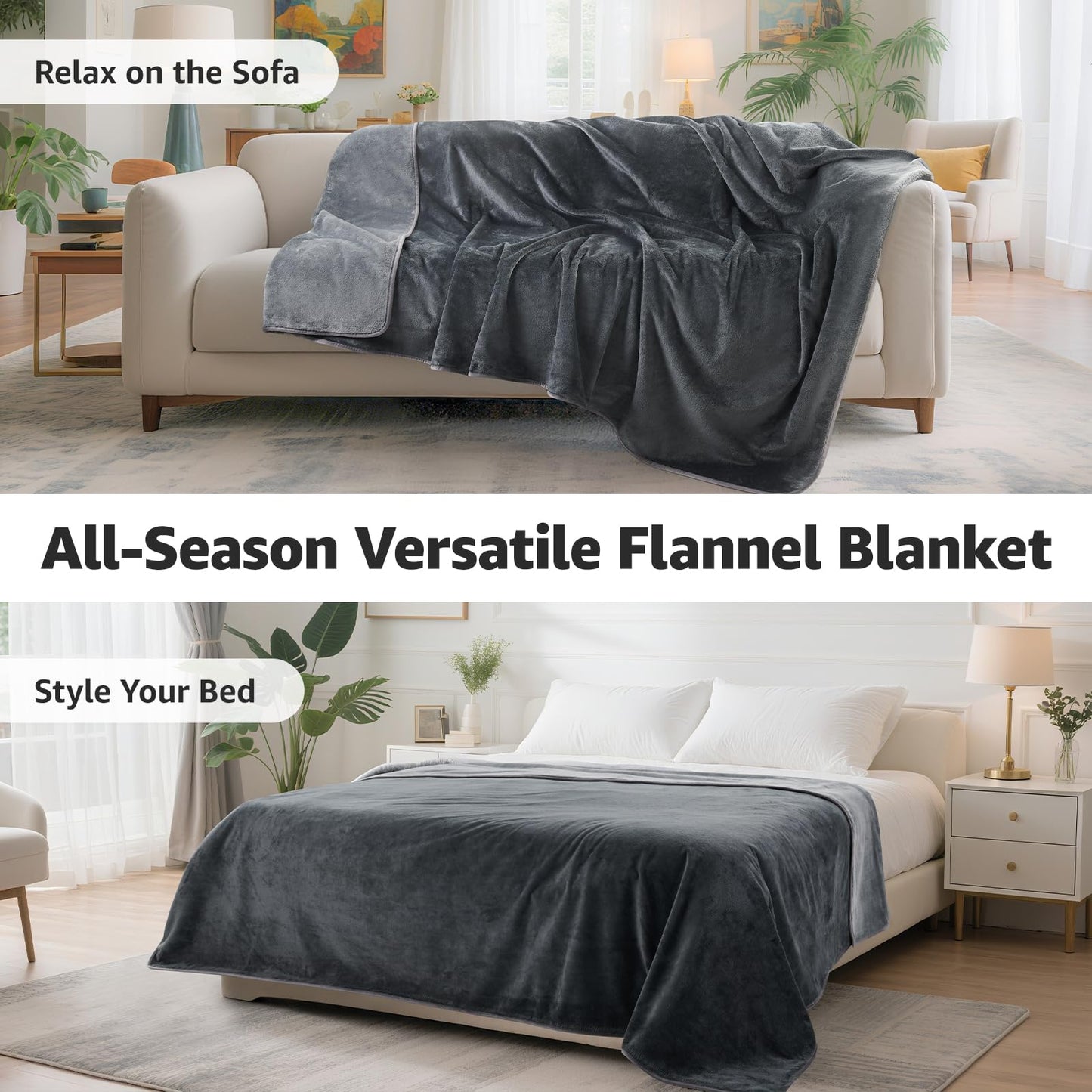 LOOBANI Waterproof Blanket for Bed: Reversible Soft Flannel Twin Bed Blanket 60" x 80", Leakproof Throw Spill-Proof Dog Pet Blanket for Couch, Sofa Protect, Movie Time, Camping, Travel, Grey