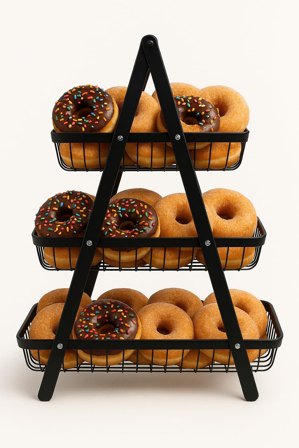 3-Tier Kitchen Countertop Storage Basket with Wooden Handles Perfect for Fruits, Snacks & Bread