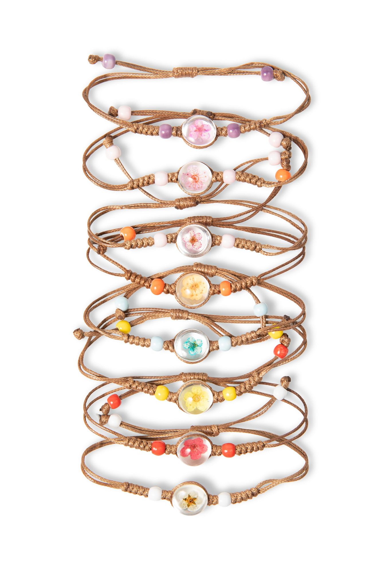 VNG 8 Pack Boho Pressed Flower Bracelet Set, Handmade Colorful Beaded Woven Friendship Bracelets, Adjustable Stackable Jewelry Gift