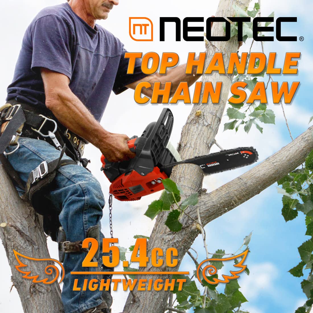 NEO-TEC 12 Inch Top Handle Gas Chainsaw 25.4cc 2-Stroke Portable Small Gas Powered Chain Saws Motosierra De Gasolina for Tree-climbing Tree Pruning Wood Cutting Firewood Preparation Yard Maintenance