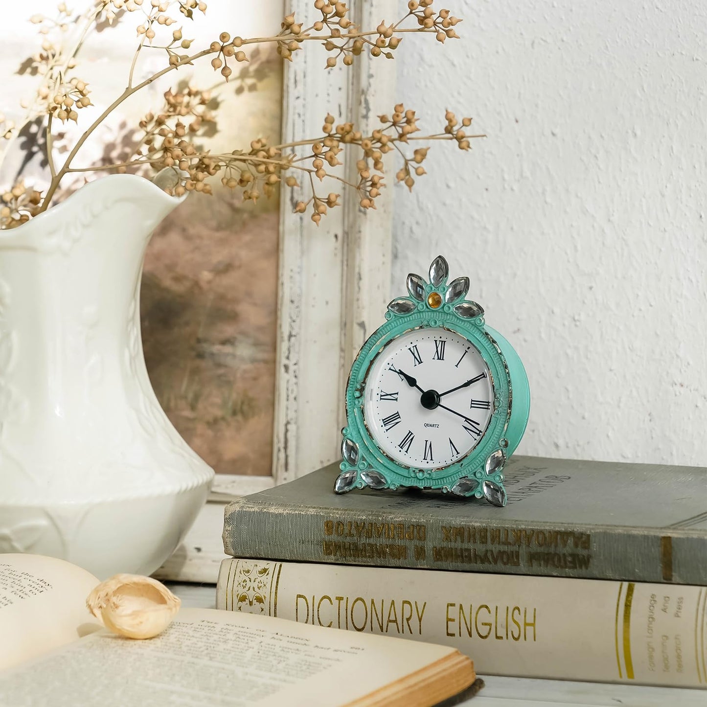 NIKKY HOME Vintage Pewter Quartz Mini Table Clock with Crystal Shining Rhinestone, 2.87 x 1.37 x 3.87 Inches, Aqua