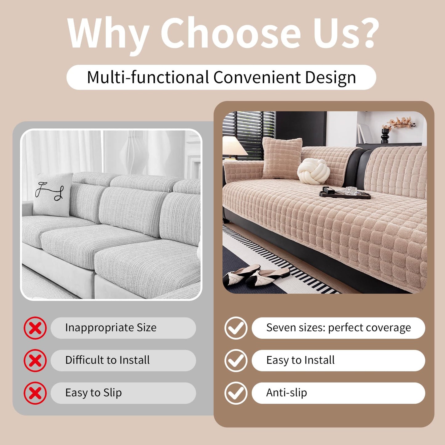 MDSASFD Velvet Couch Cover, Washable Sectional Sofa Cover, Anti Slip Sofa Slipcovers for 3 Cushion Couch Sofa L Shaped Recliner, Furniture Protector Covers for Pets Kids(Khaki, Only 1 PCS)