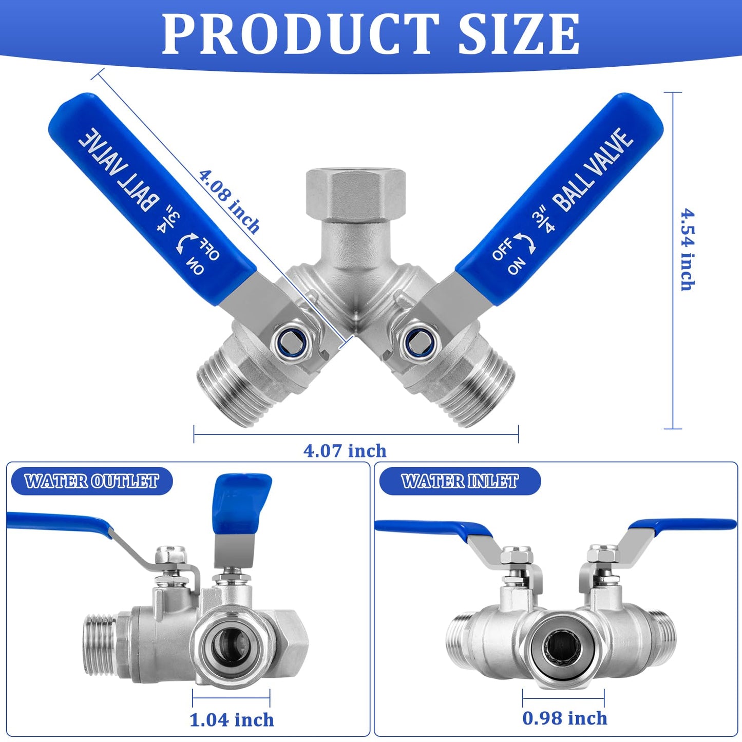 Garden Hose Splitter, 304 Stainless Steel 2 Way Hose Splitter with Long Handle, Heavy Duty Hose Y Spigot Splitter with Shutoff Valves, 3/4" GHT Thread Outdoor Faucet Splitter