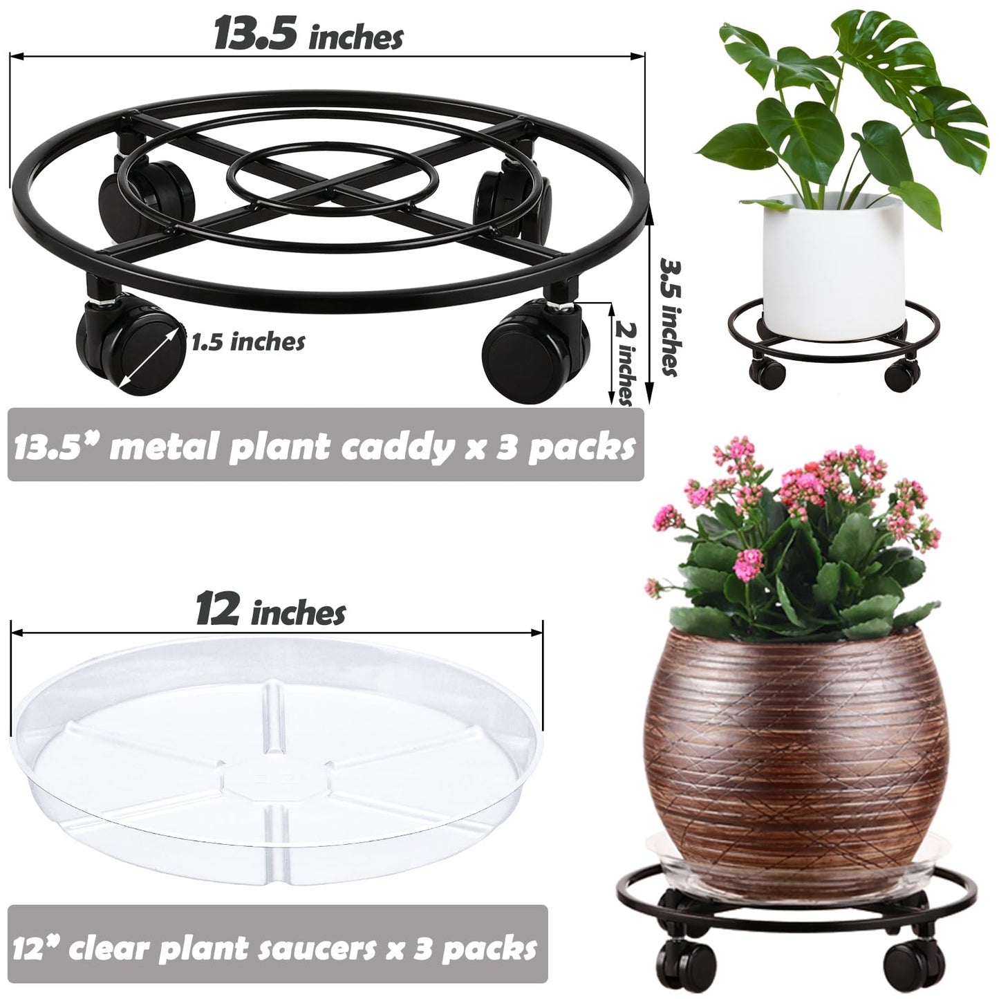 Planterhoma 3 Packs Large Metal Plant Caddy 13.5" Heavy-duty Plant Dolly with Wheels Iron Rolling Plant Stand with Casters Indoor Outdoor Plant Pot Movers Rollers Coaster Trolley, Black