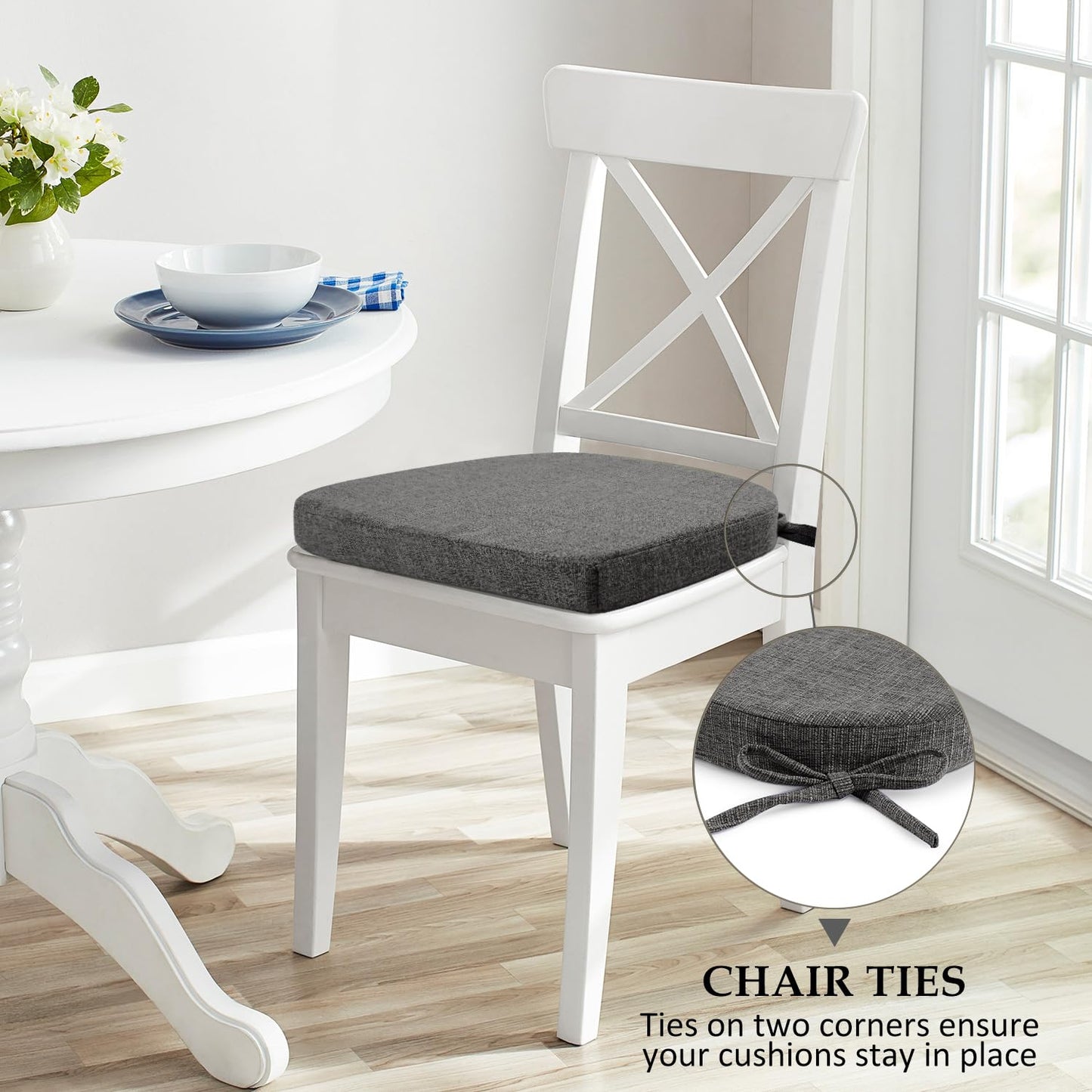 Wellsin Chair Cushions for Dining Chairs 6 Pack - Kitchen Chair Cushions with Ties and Non-Slip Backing - Dining Chair Pads 16"X16"X2", Dark Gray