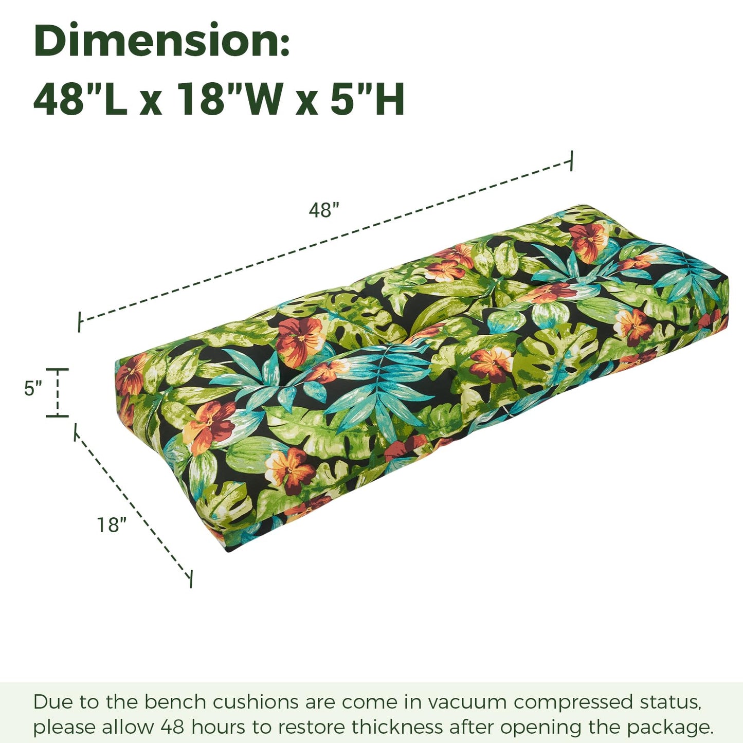 IN4 Care Indoor Outdoor Bench Cushion 48"x18", Non-Slip Patio Furniture Seat Pads, Waterproof Overstuffed Tufted Loveseat Cushion with Round Corner for Window,Swing,Garden,Porch-Tropical Green Leaves